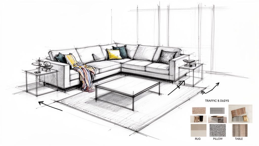 An architectural sketch of a modern sectional sofa living room layout with material swatches.