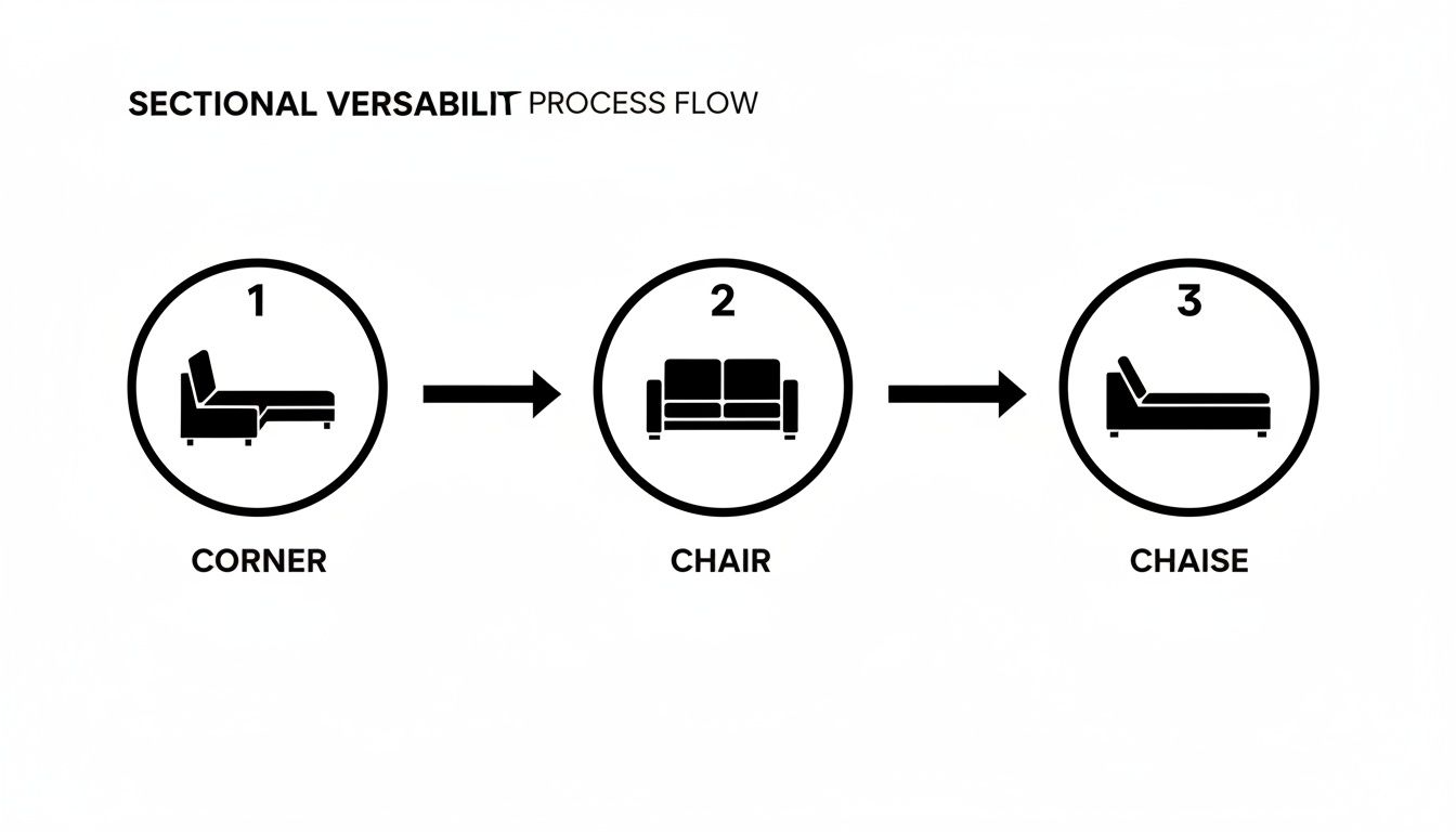 Process flow diagram illustrating sectional sofa versatility: corner, chair, and chaise configurations.