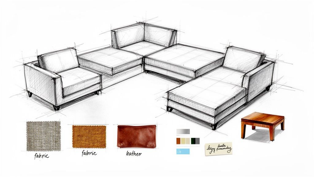 Hand-drawn sketch of a 5-piece modular sectional sofa with fabric and leather swatches, plus a wooden side table.
