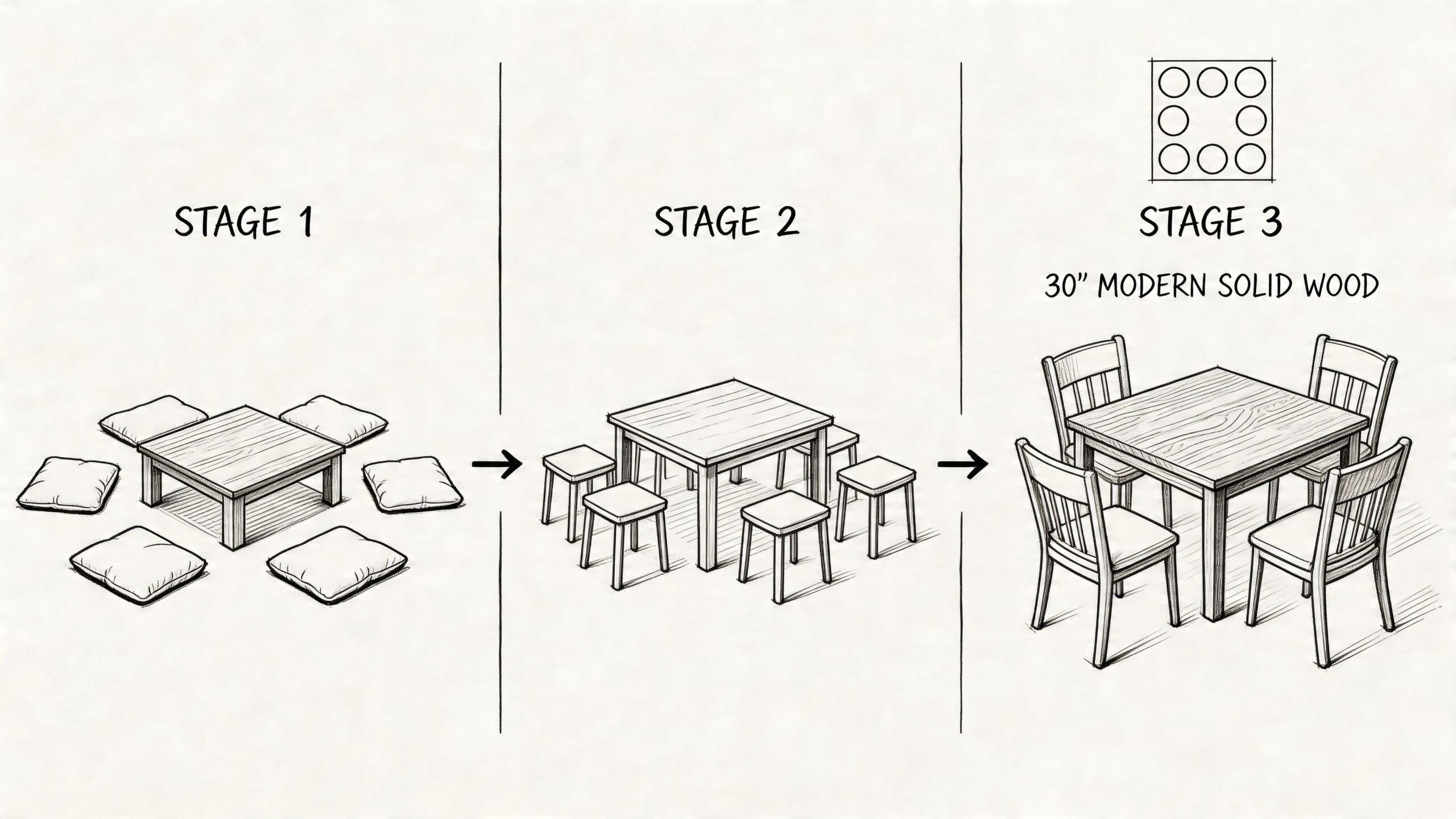 A diagram illustrating the evolution of an 8 seat square dining table from floor cushions to chairs.