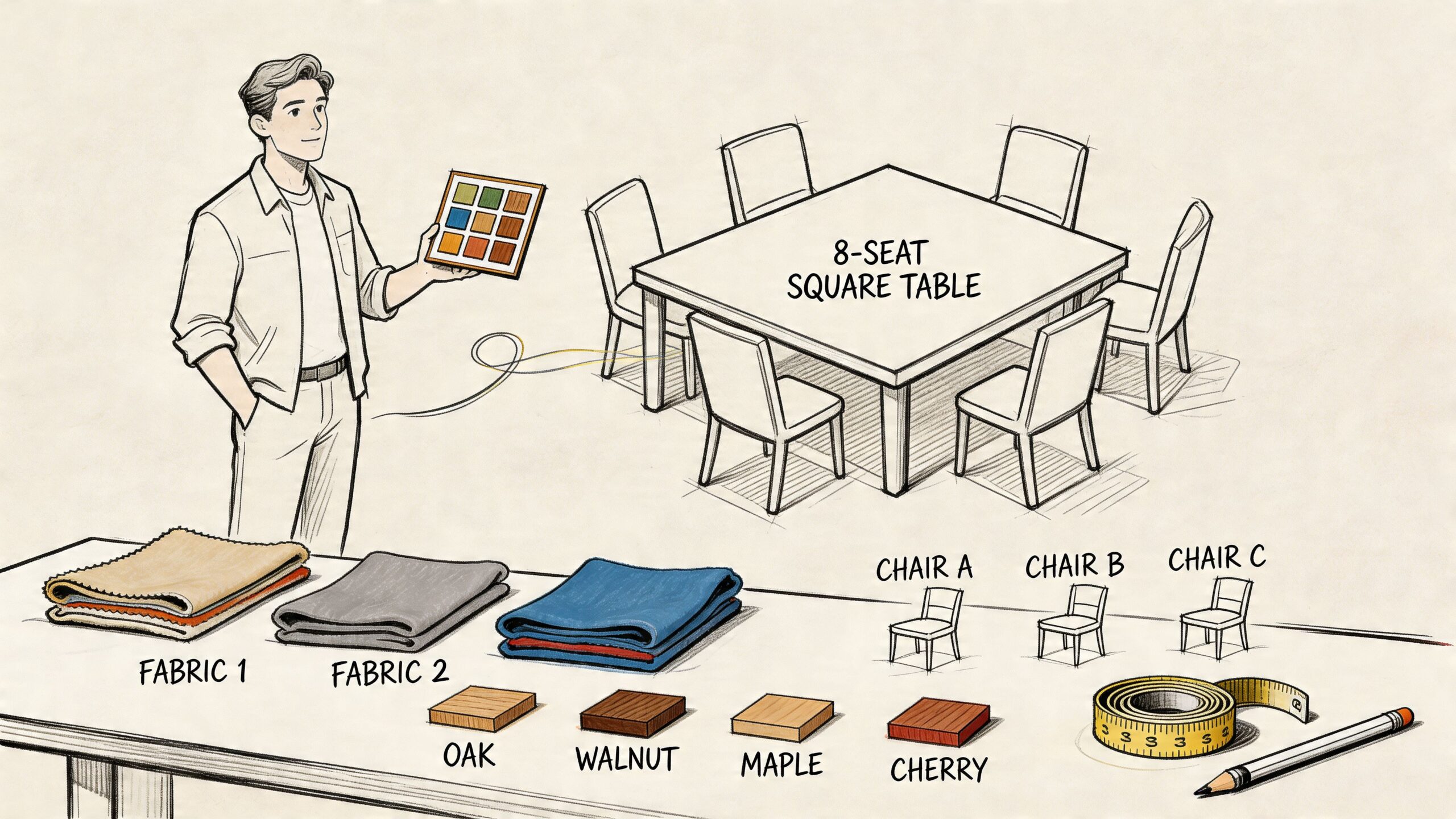 A designer choosing fabric and wood materials for an eight seat square dining table project.