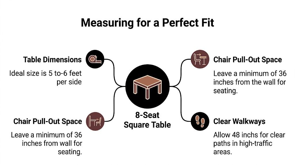A diagram illustrating measuring guidelines for placing an 8-seat square dining table in a room.