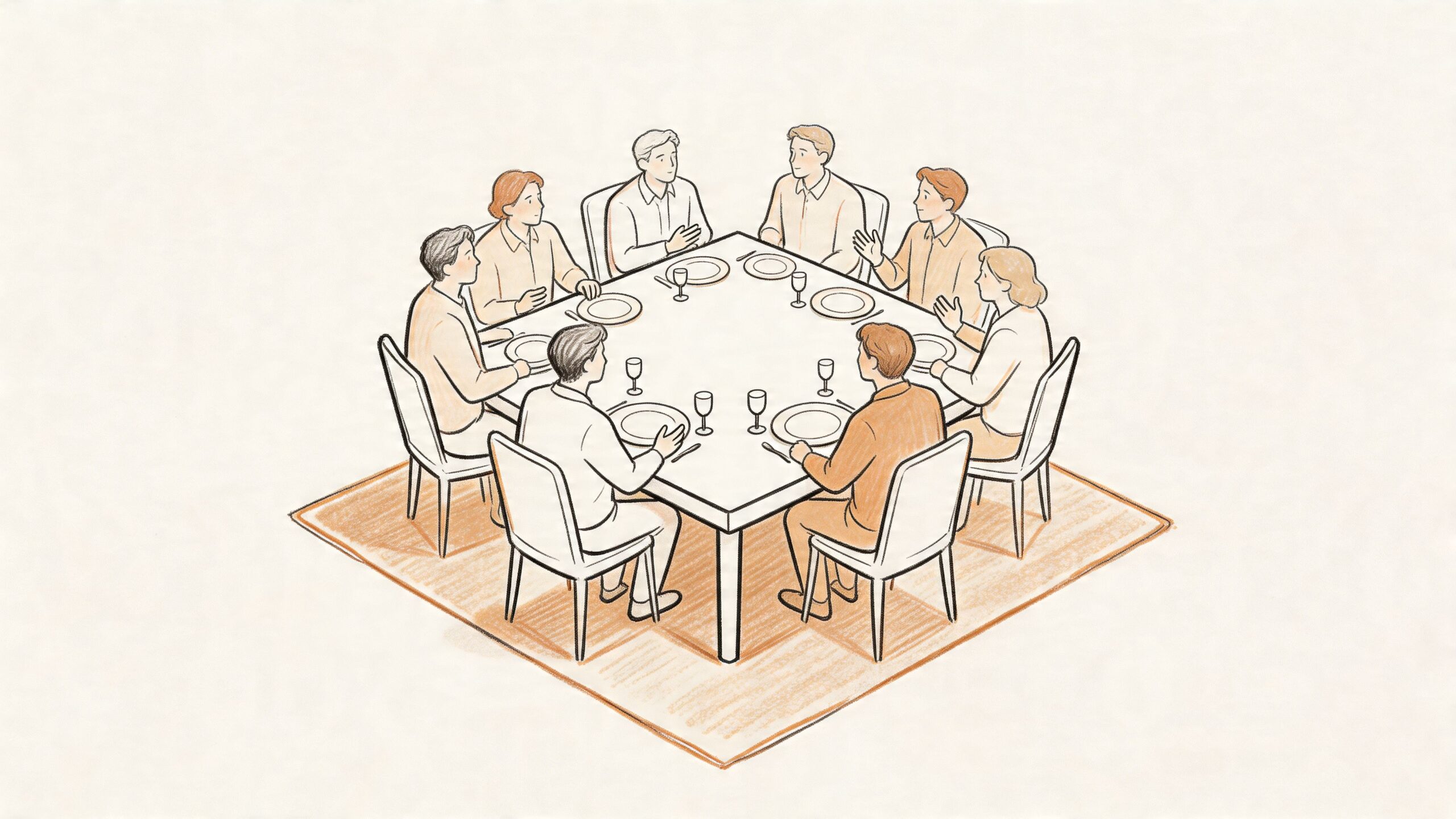 A pencil-style illustration showing eight people sitting around a square dining table having a meeting.
