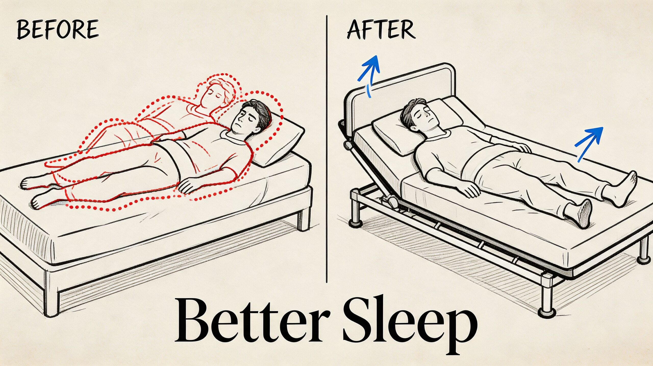 A diagram comparing a flat standard bed with an adjustable bed frame showing improved sleeping positions.