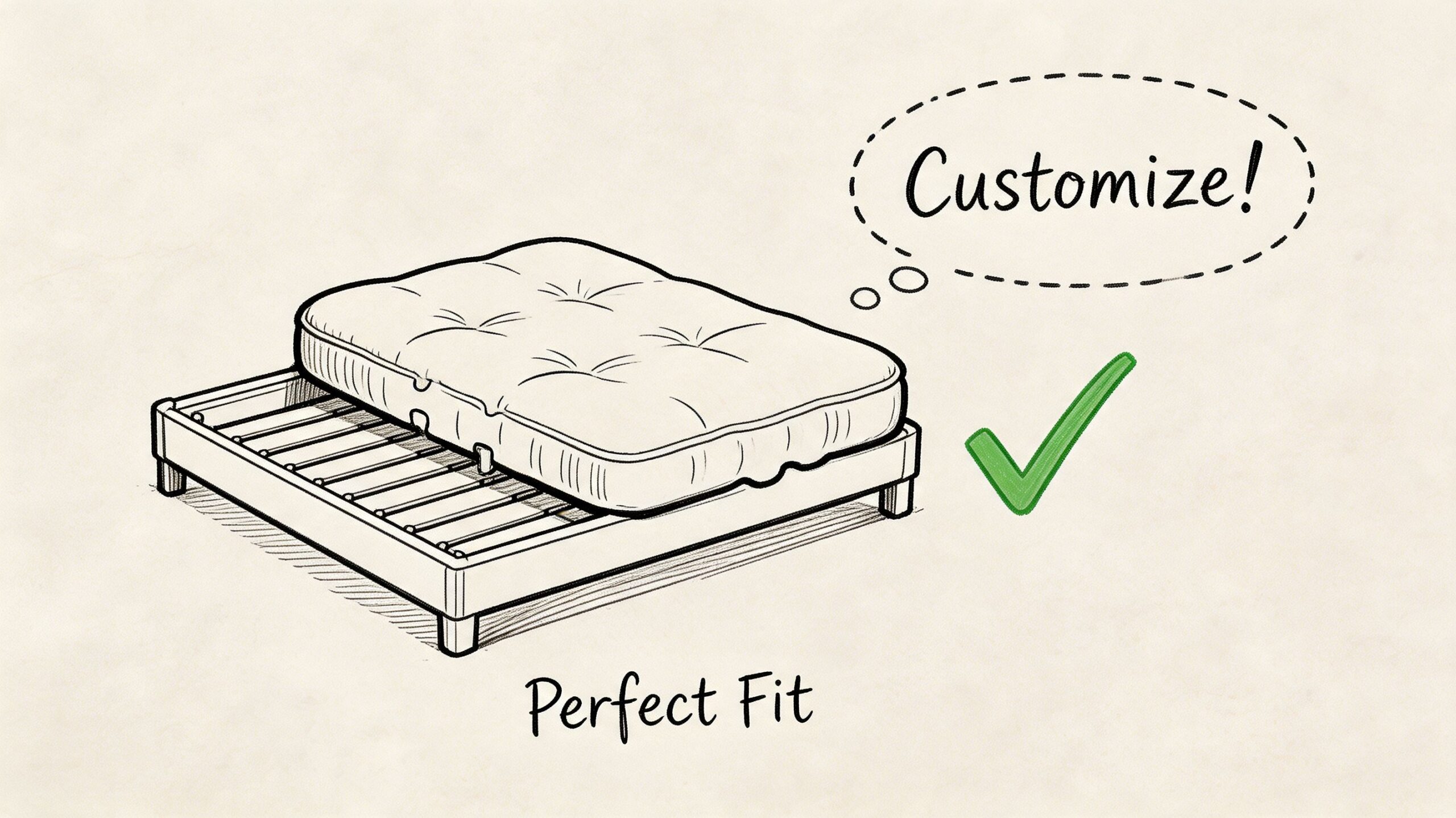 A hand-drawn illustration showing a mattress resting perfectly on a wooden slatted bed frame with customization.