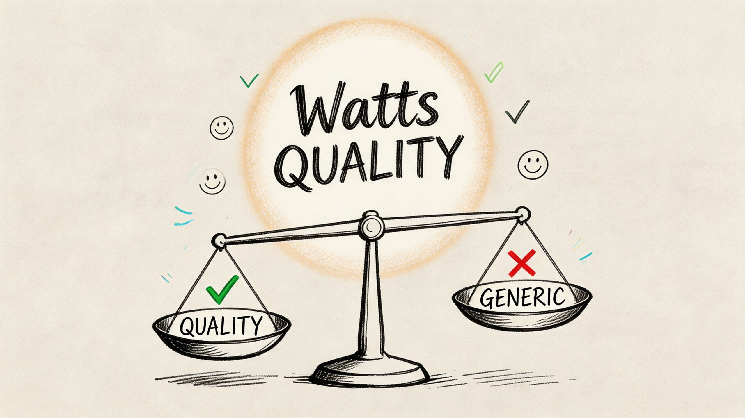 A hand-drawn balance scale comparing Watts Quality with a red X versus Generic with a green check.