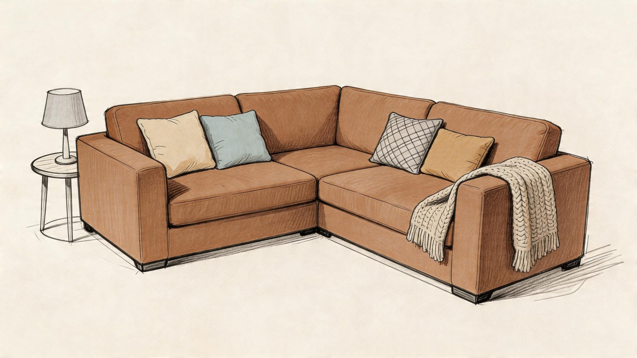 A hand-drawn sketch of a brown L-shaped sectional sofa with decorative pillows and a side table lamp.