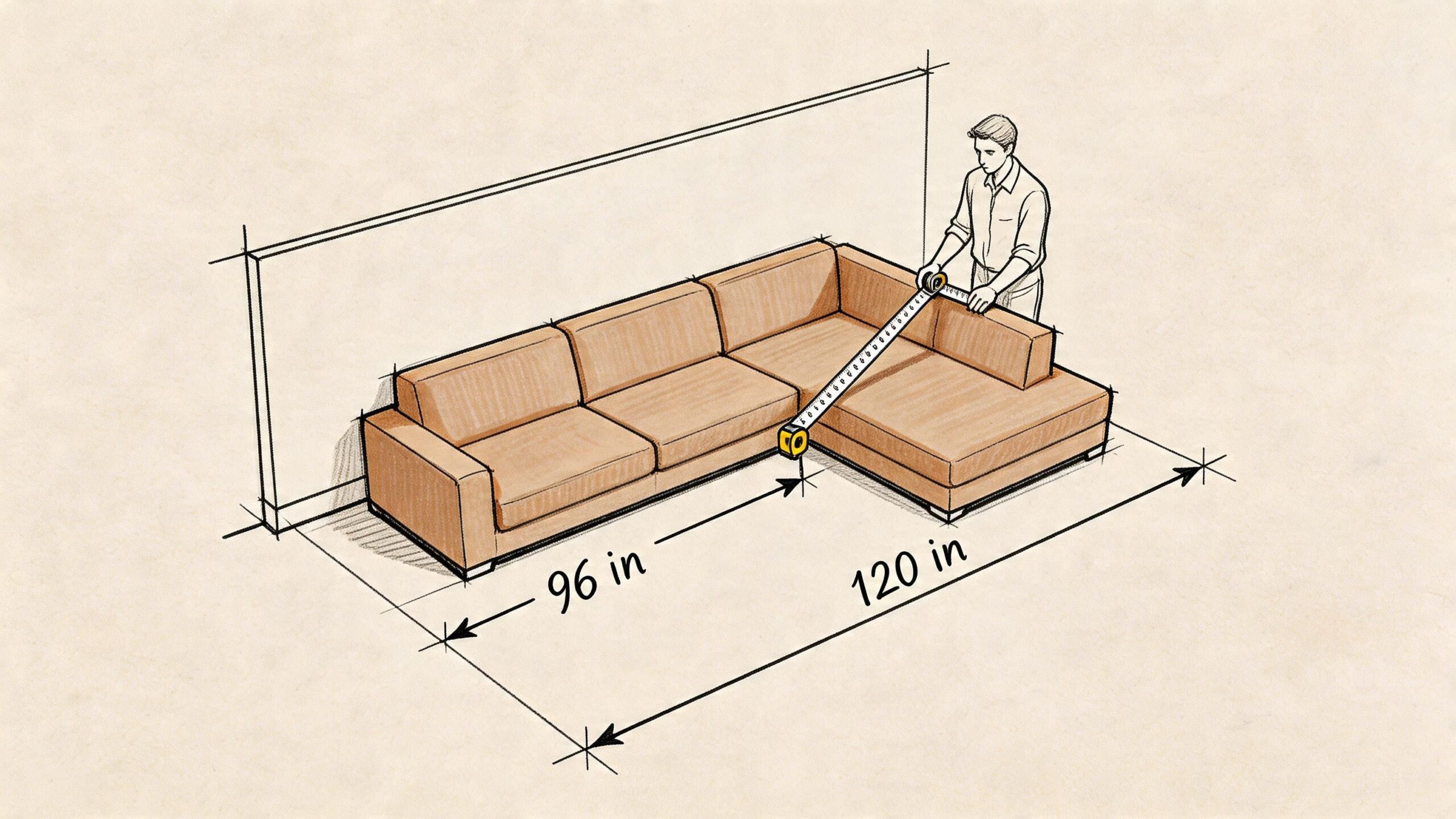 A person using a tape measure to determine the dimensions of a large brown sectional sofa.