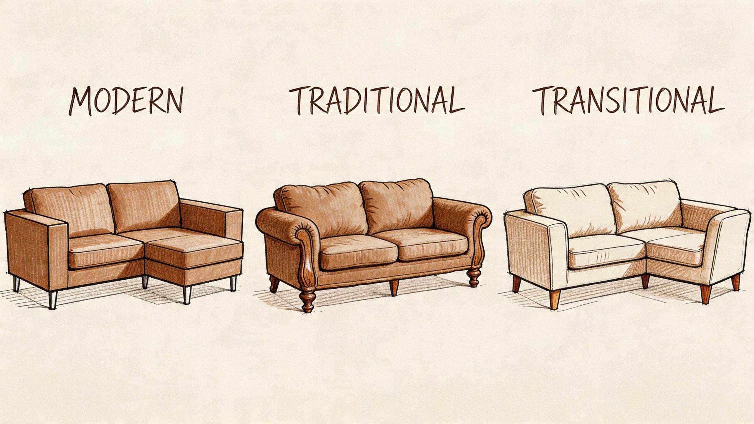 A hand-drawn illustration showing comparisons between modern, traditional, and transitional style sectional sofas.