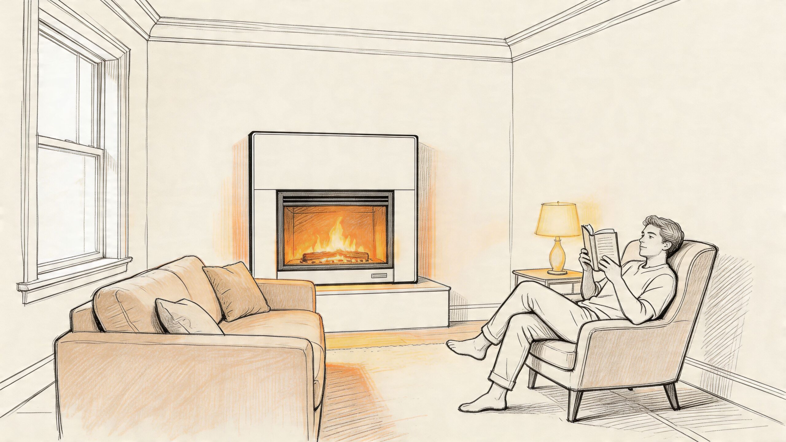 A man sits in an armchair reading a book beside a warm electric fireplace in a living room.