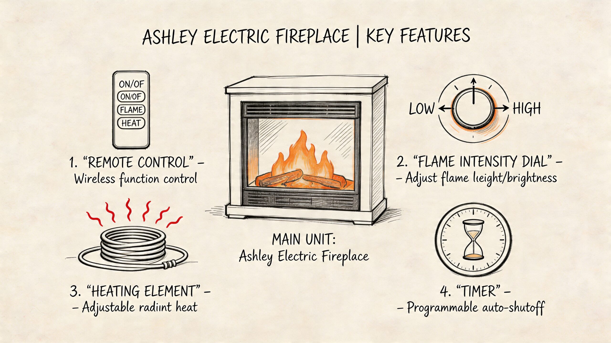 A hand-drawn illustration labeled Ashley Electric Fireplace highlighting key features including remote control, intensity dial, heating element, and timer.