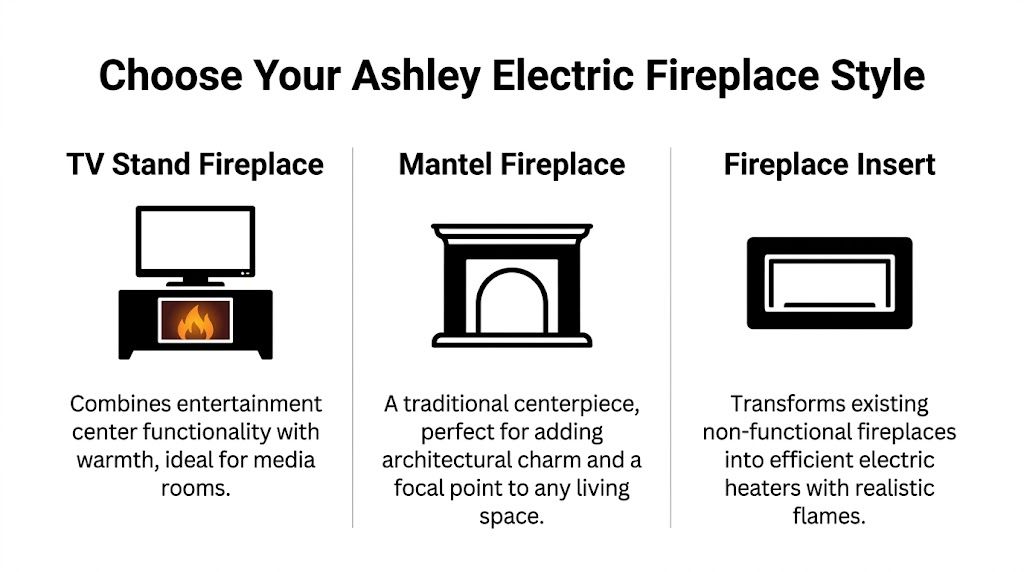 A graphic showing three styles of Ashley electric fireplaces: TV stand, mantel, and fireplace insert.