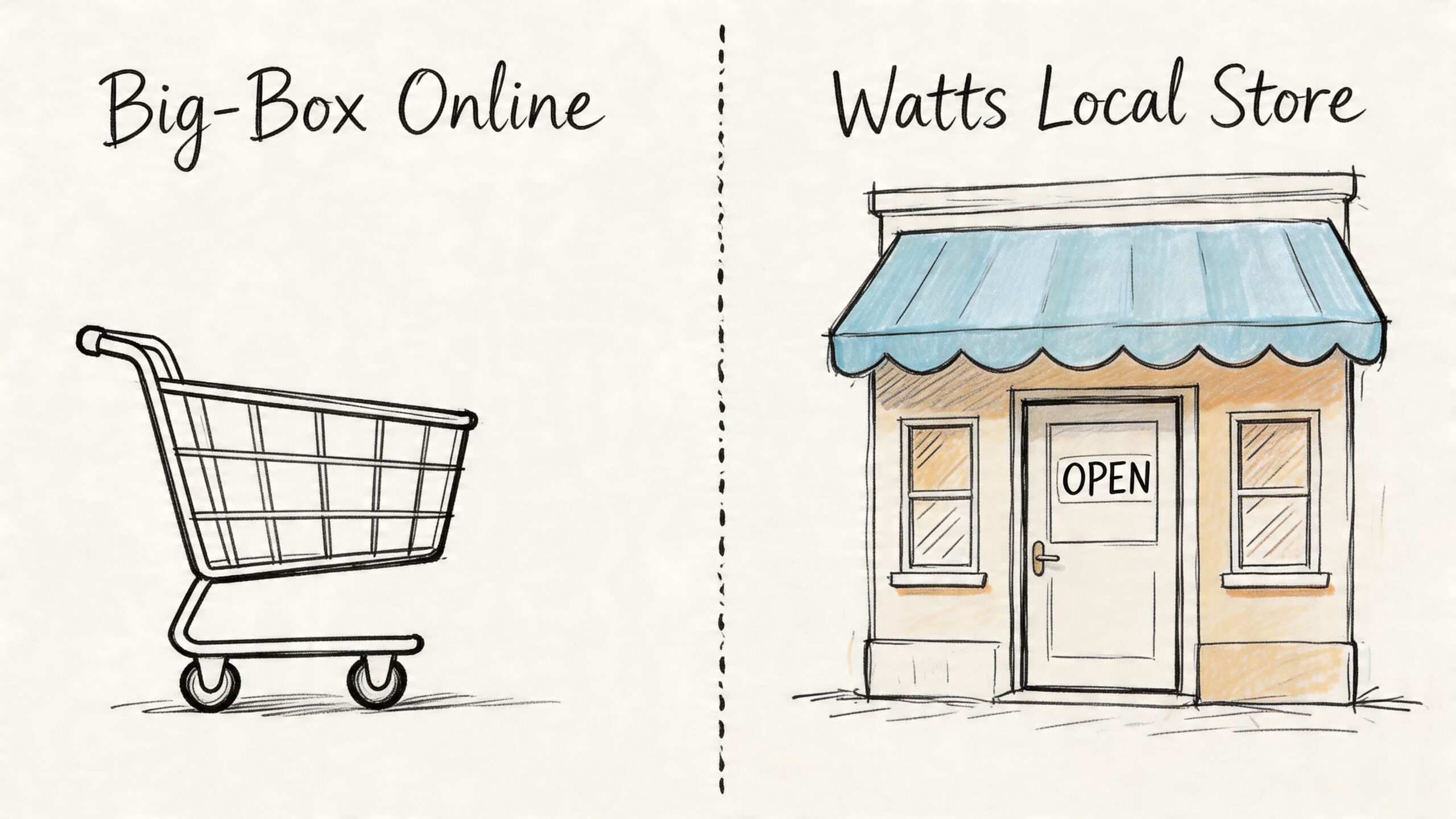 A hand-drawn illustration comparing an online shopping cart icon with a physical Watts local shop storefront.