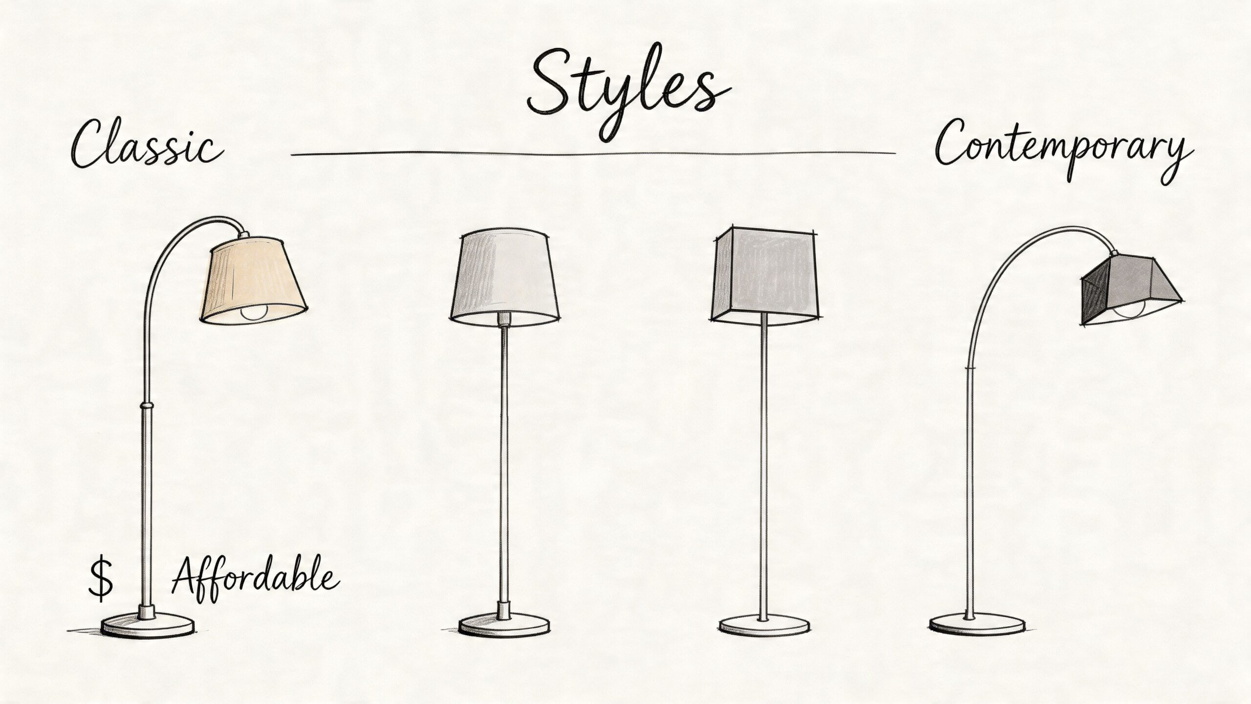 A minimalist sketch comparing classic and contemporary floor lamp styles with an affordable price label.