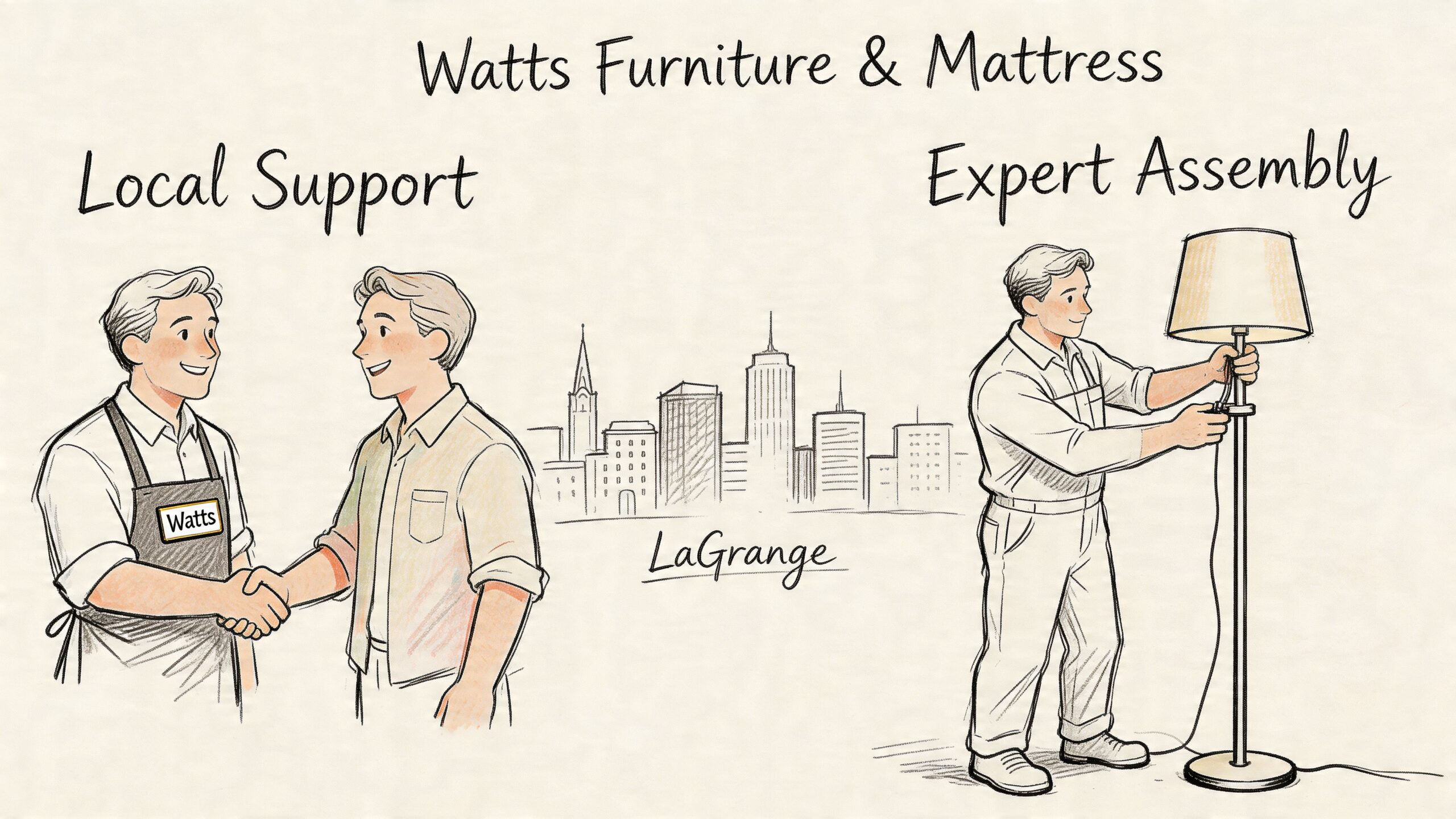 A promotional illustration for Watts Furniture and Mattress featuring local support and expert furniture assembly services.