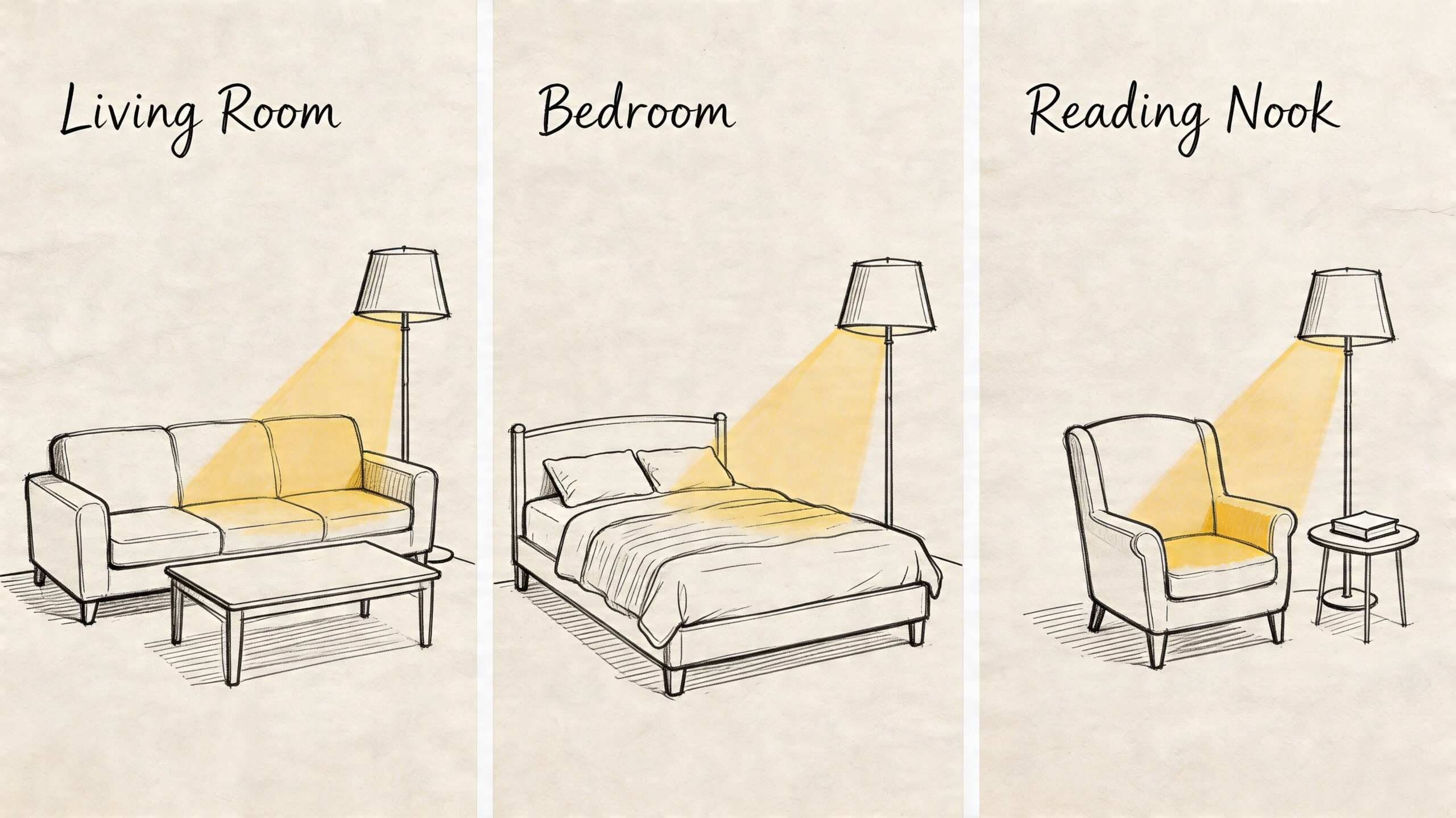 Three sketches showing floor lamps placed in a living room, bedroom, and reading nook for home lighting.
