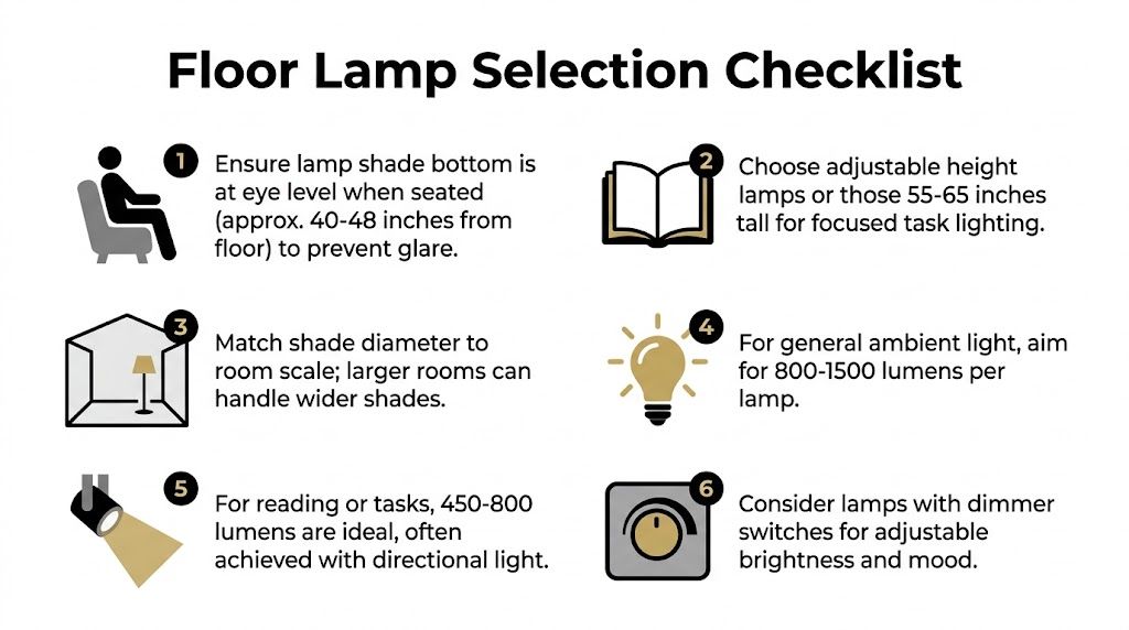 A helpful floor lamp selection checklist showing tips for height, shade size, brightness, and lighting features.