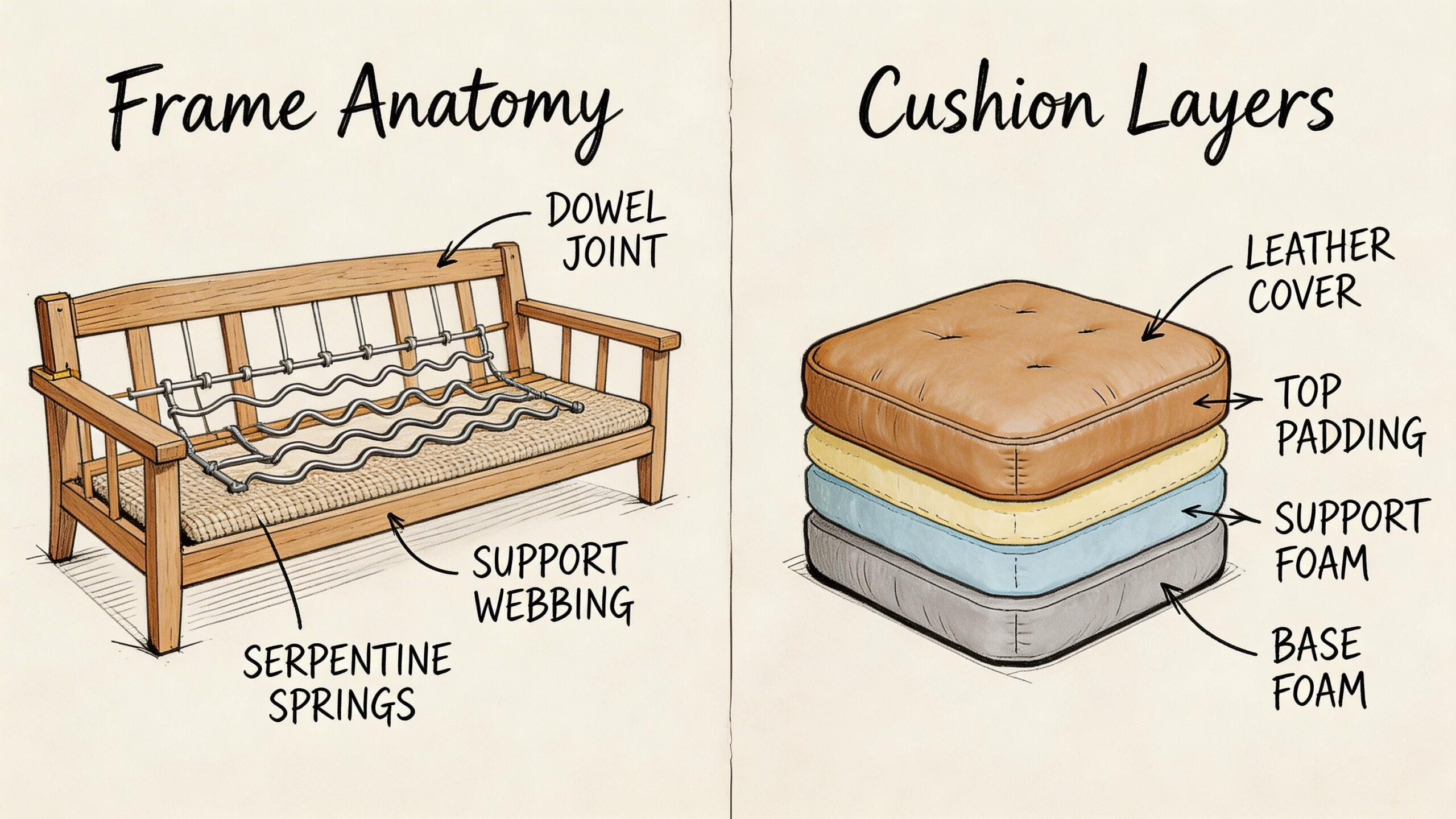 A diagram illustrating the internal components of a couch frame anatomy and layered cushion construction.