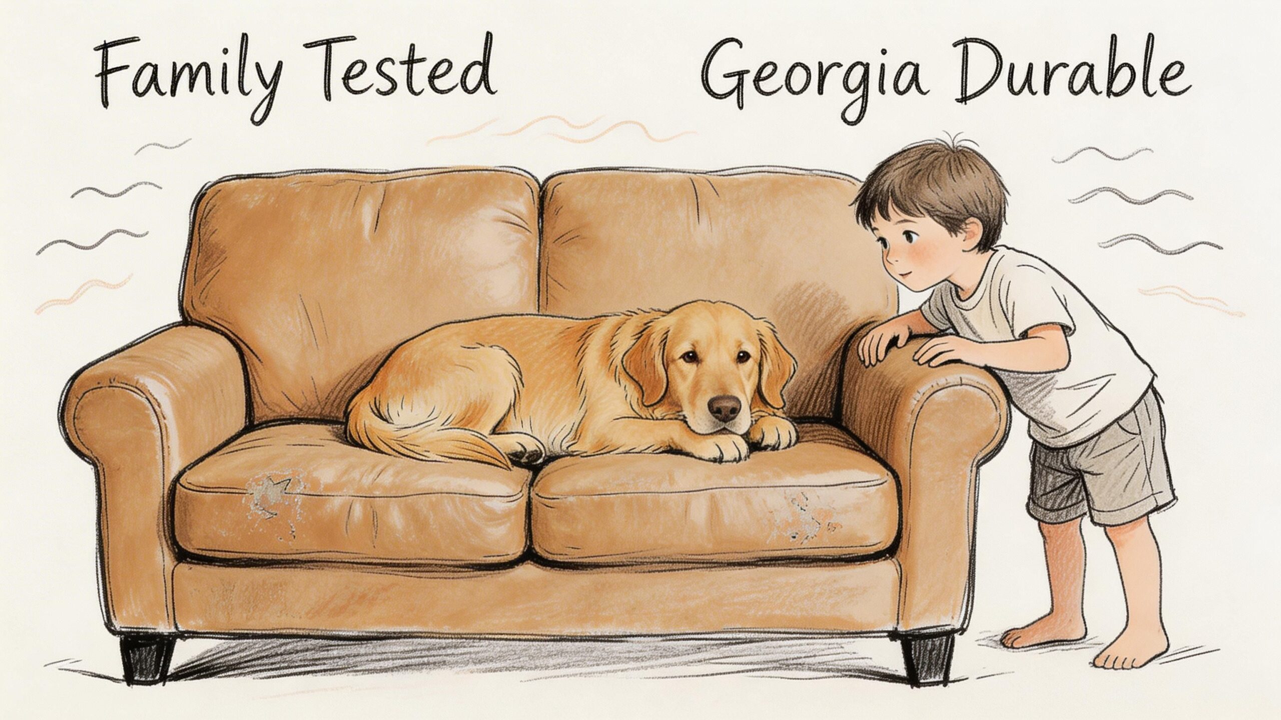 A hand-drawn illustration shows a young boy watching a golden retriever resting on a leather sofa.