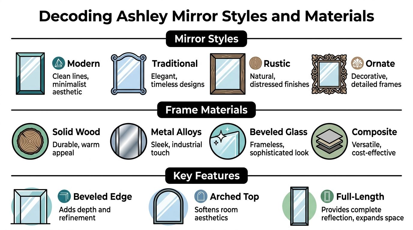 An infographic titled Decoding Ashley Mirror Styles and Materials displaying various mirror designs, frame materials, and features.
