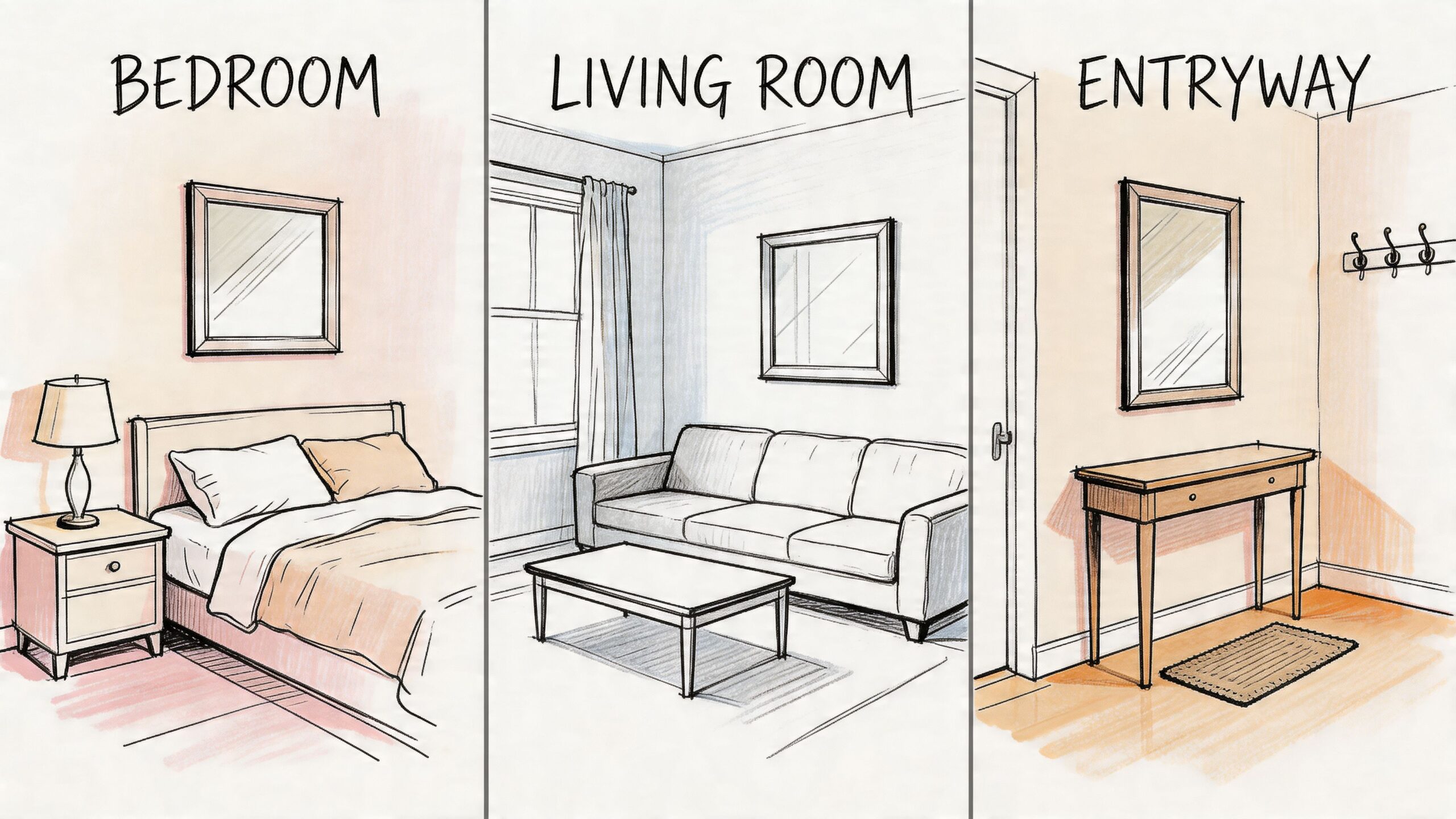 A line art illustration showing a bedroom, living room, and entryway featuring various furniture and wall mirrors.