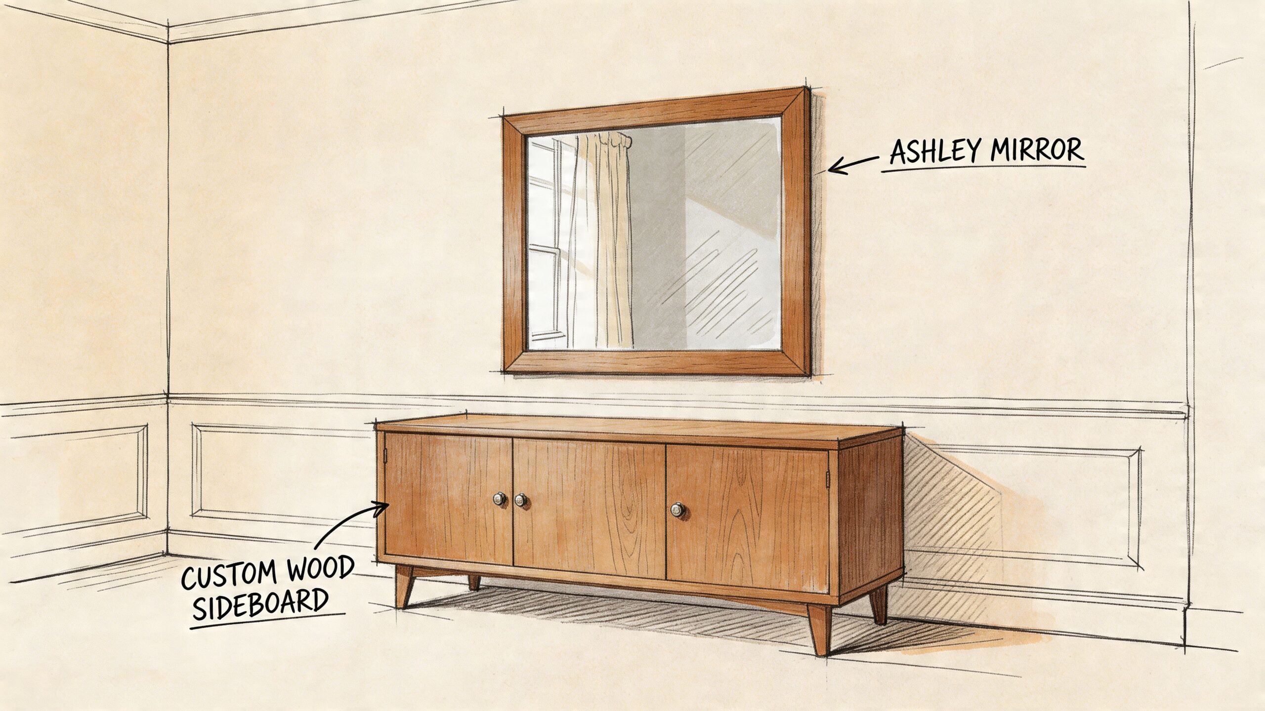 A hand-drawn sketch of an Ashley mirror mounted on the wall above a custom wood sideboard.