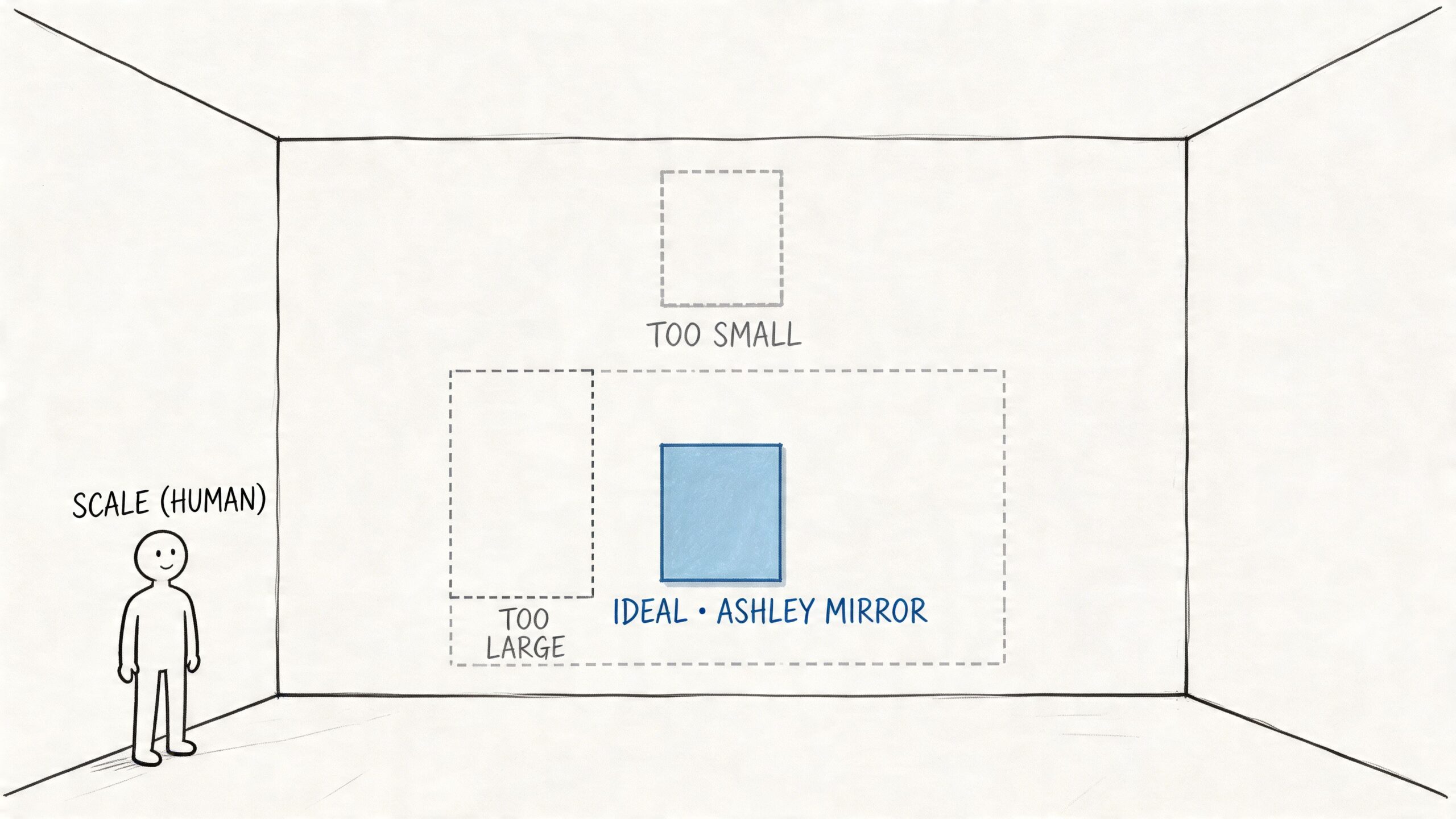A diagram illustrating ideal, too small, and too large size comparisons for an Ashley furniture mirror.