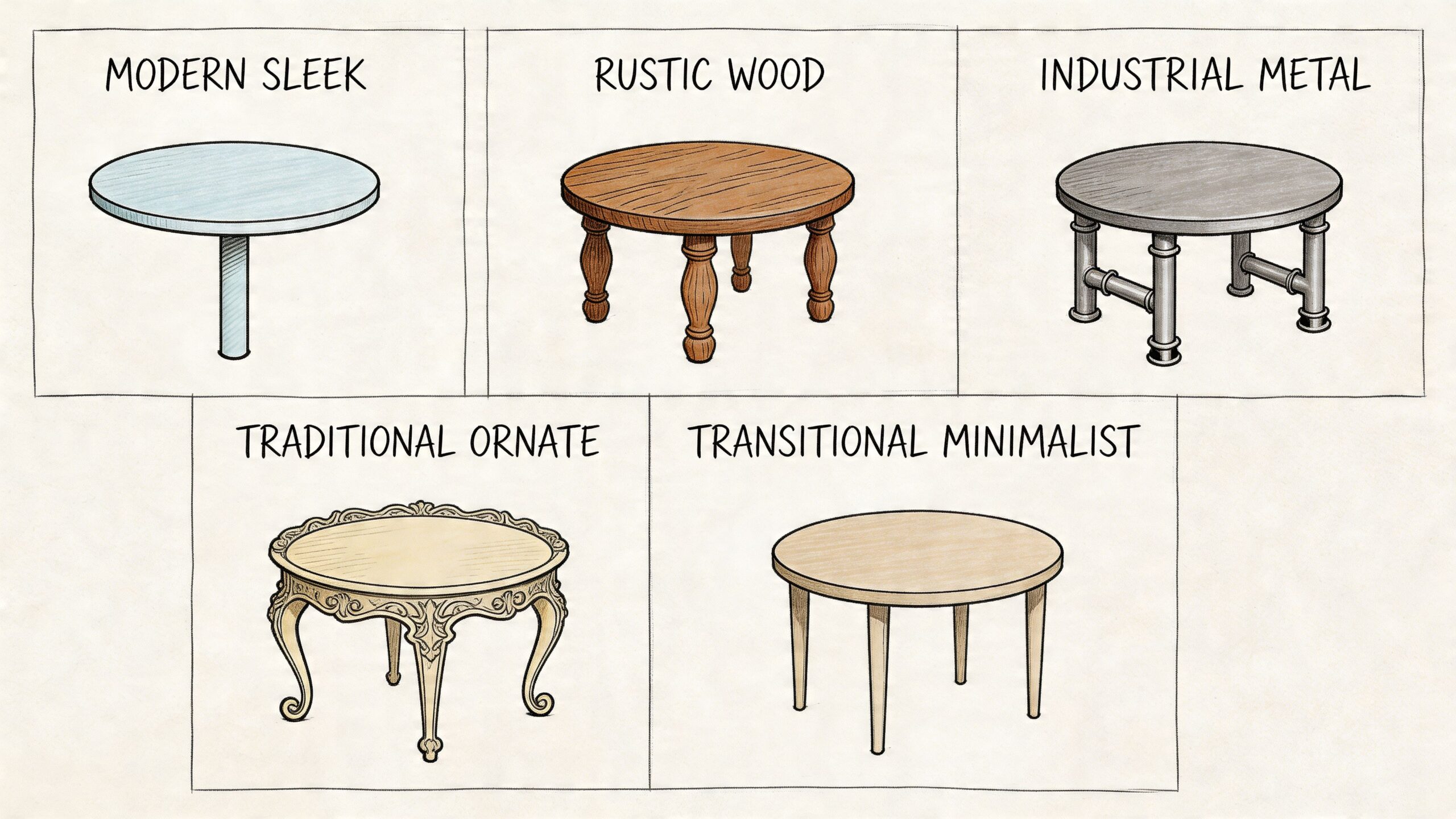 An illustration showcasing five different styles of round coffee tables labeled with their respective design themes.