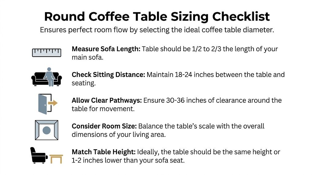 A checklist infographic providing guidelines for selecting the perfect size for a round coffee table.