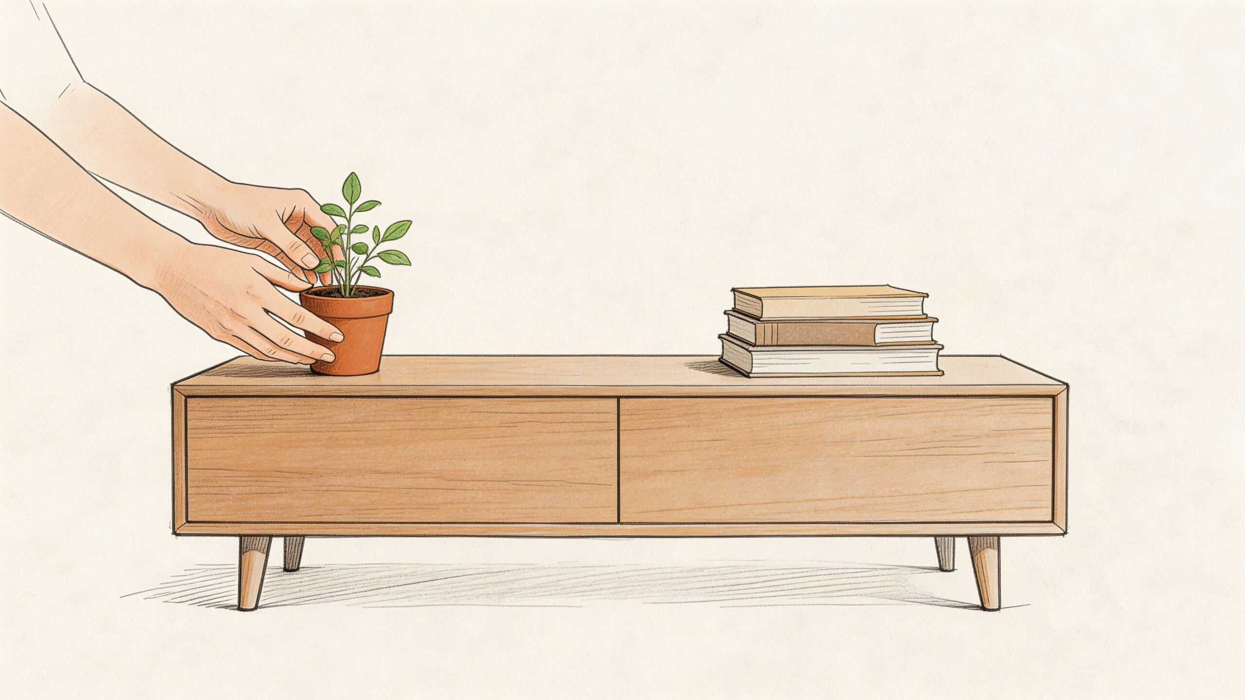 A hand placing a small potted plant onto a modern wooden TV console next to stacked books.
