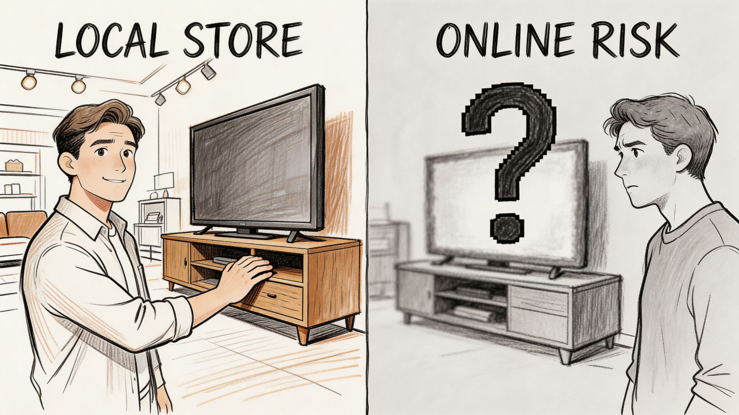 Comparison of shopping for an Ashley furniture TV console in a store versus buying online.