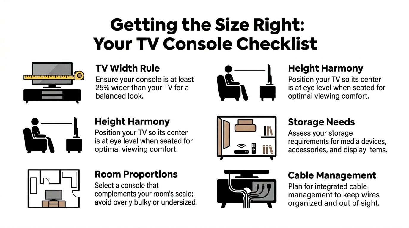 A checklist infographic illustrating how to choose the right size and features for your TV console.