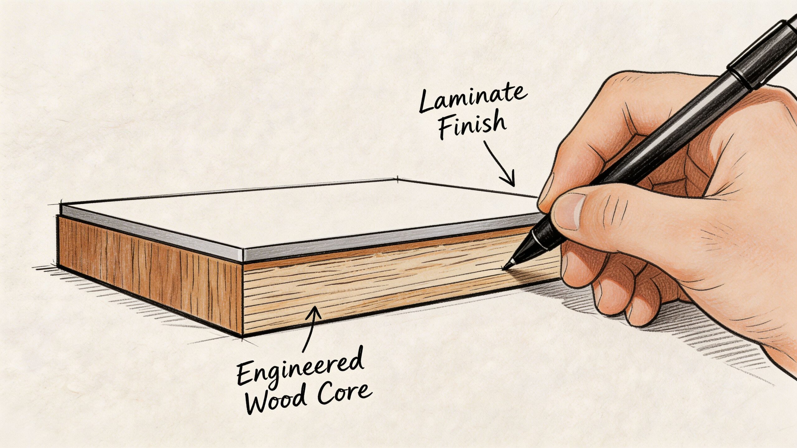 A hand drawing a diagram illustrating the layers of a furniture material with a laminate finish and engineered wood core.