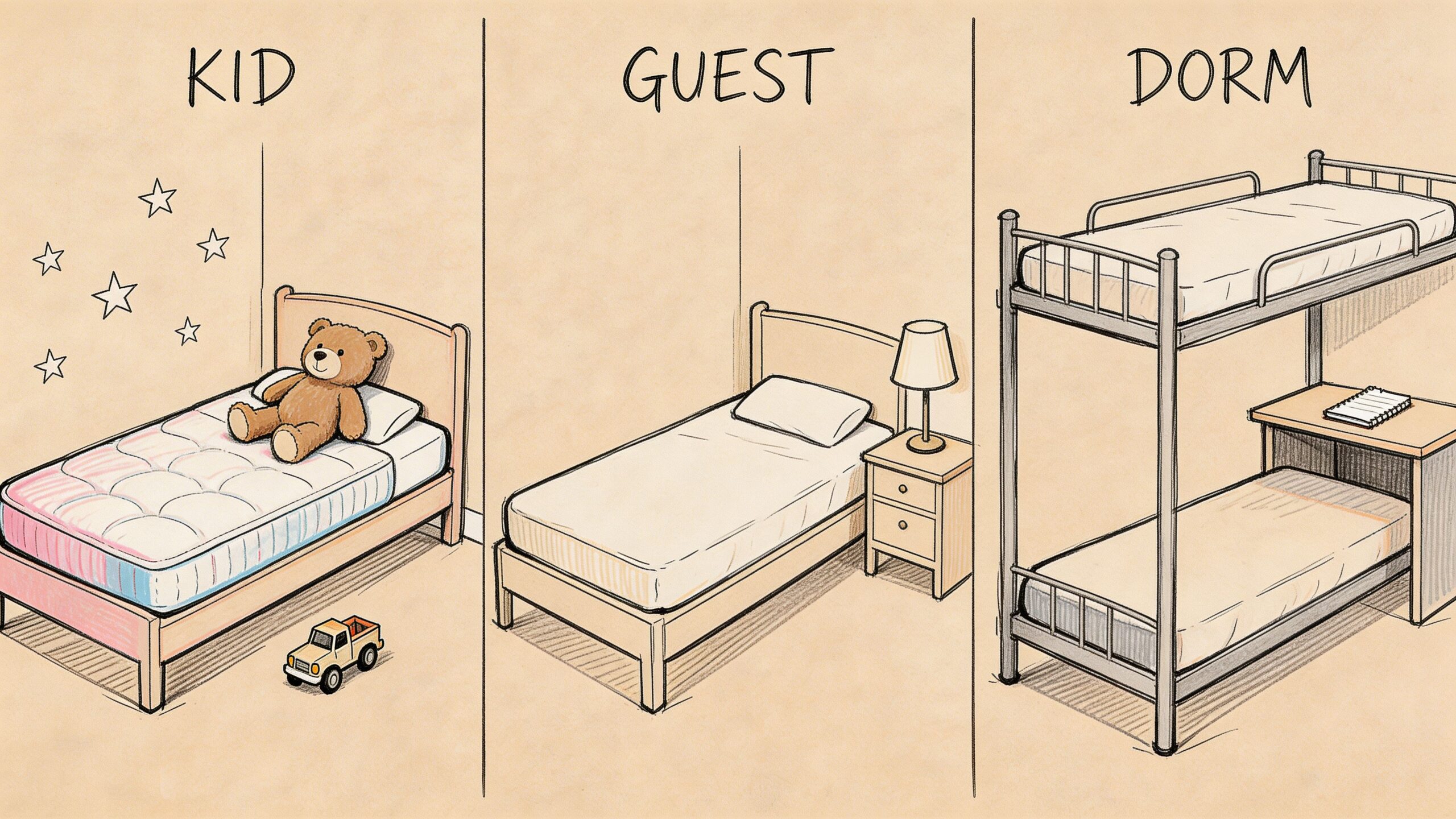 Three different illustrations showing a twin mattress used in a kid's room, guest room, and college dorm.