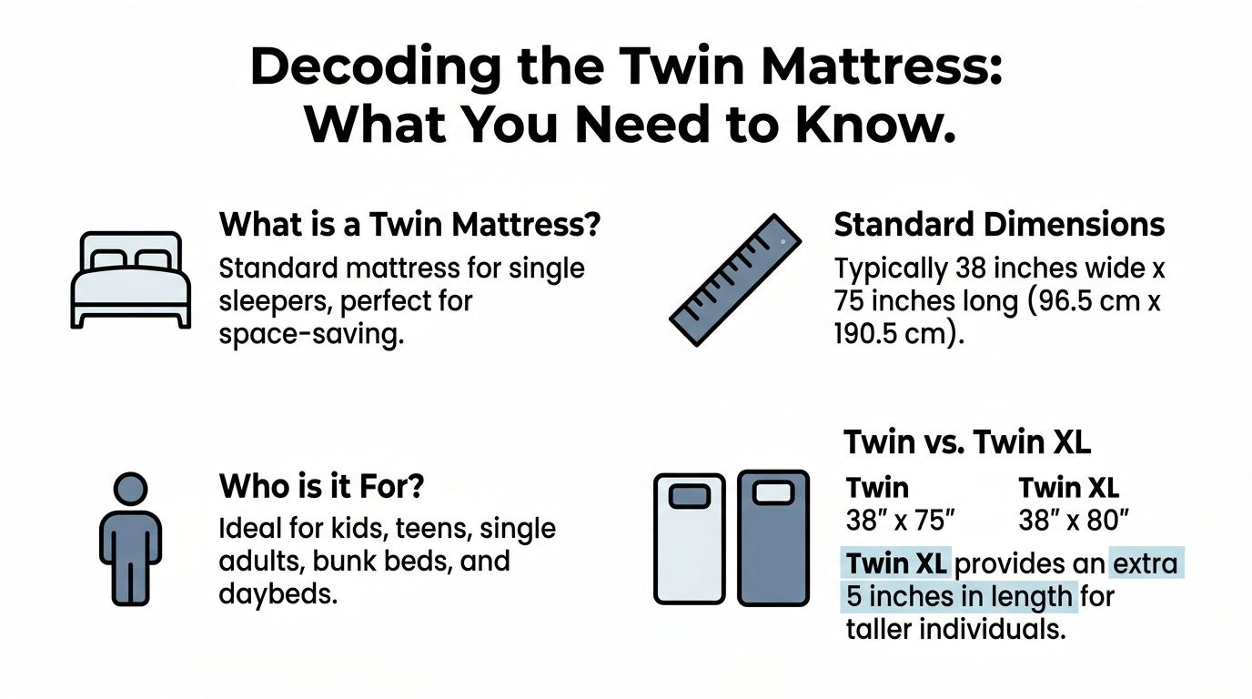 An infographic titled Decoding the Twin Mattress providing dimensions, ideal users, and comparing Twin to Twin XL.