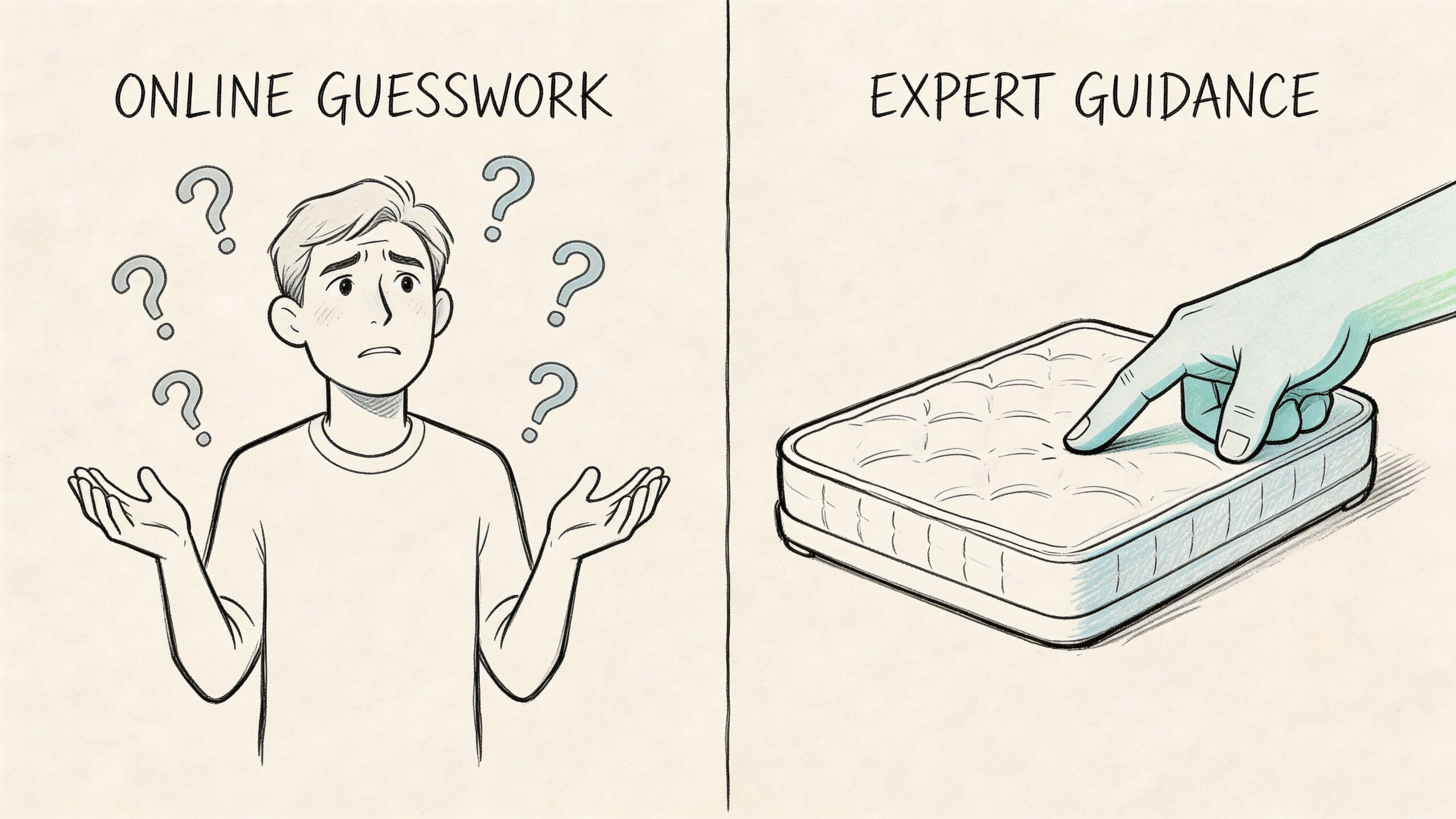 A comparison illustration showing a confused man versus a hand touching and testing a mattress surface.