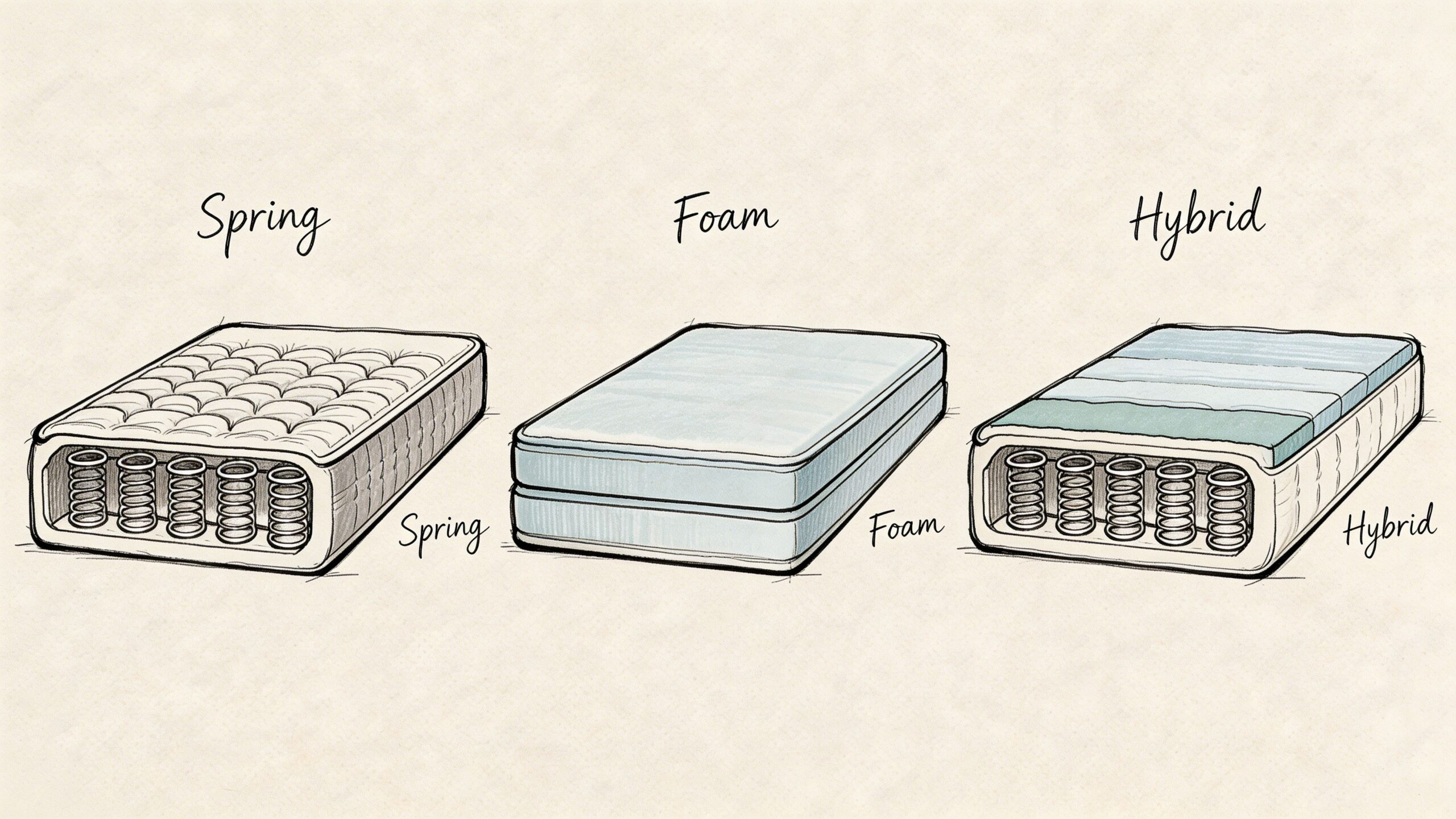A diagram comparing the interior construction layers of spring, foam, and hybrid mattress types for selection.