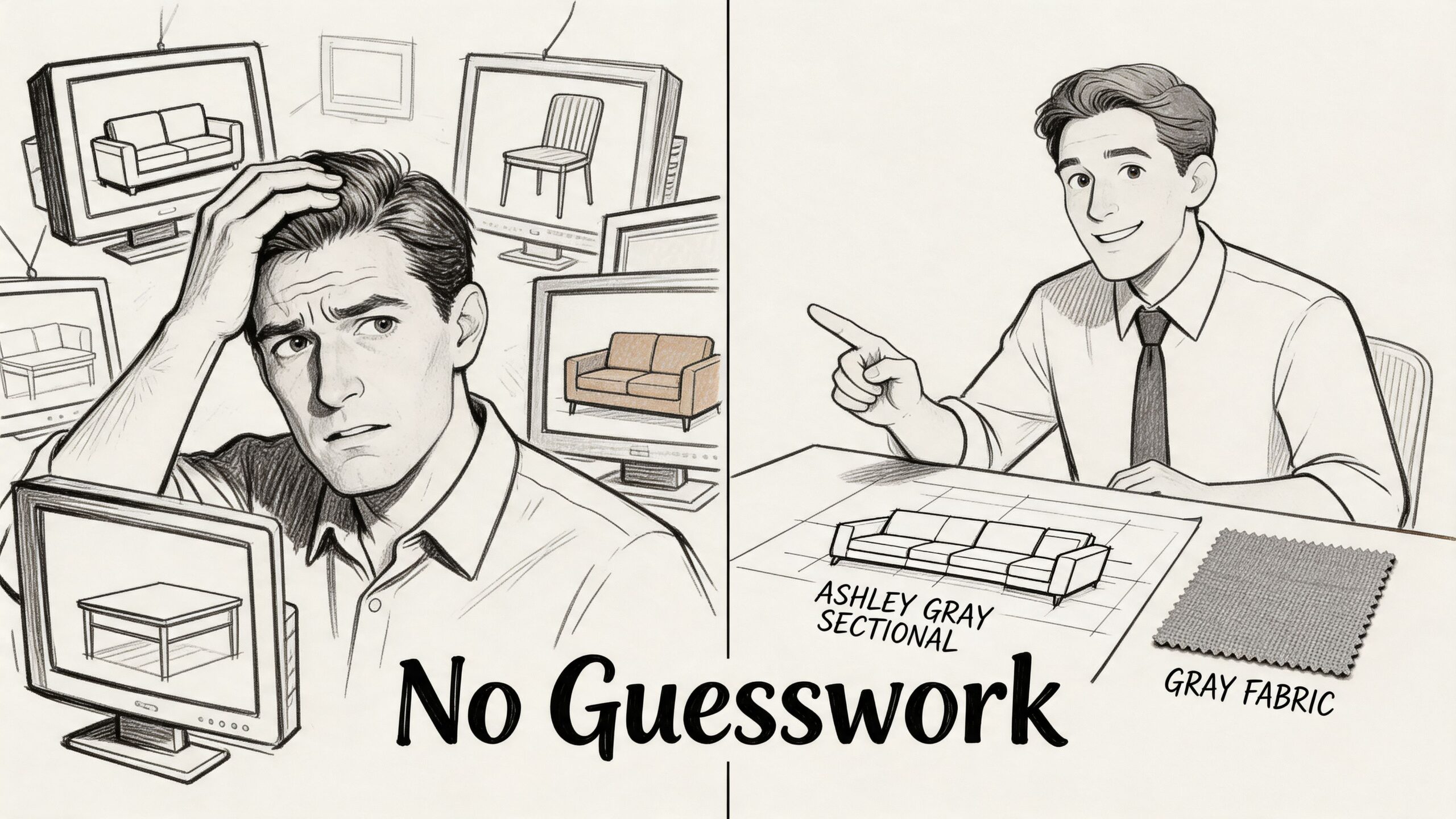 A split image showing a man confused by furniture options versus a confident man choosing a sectional.
