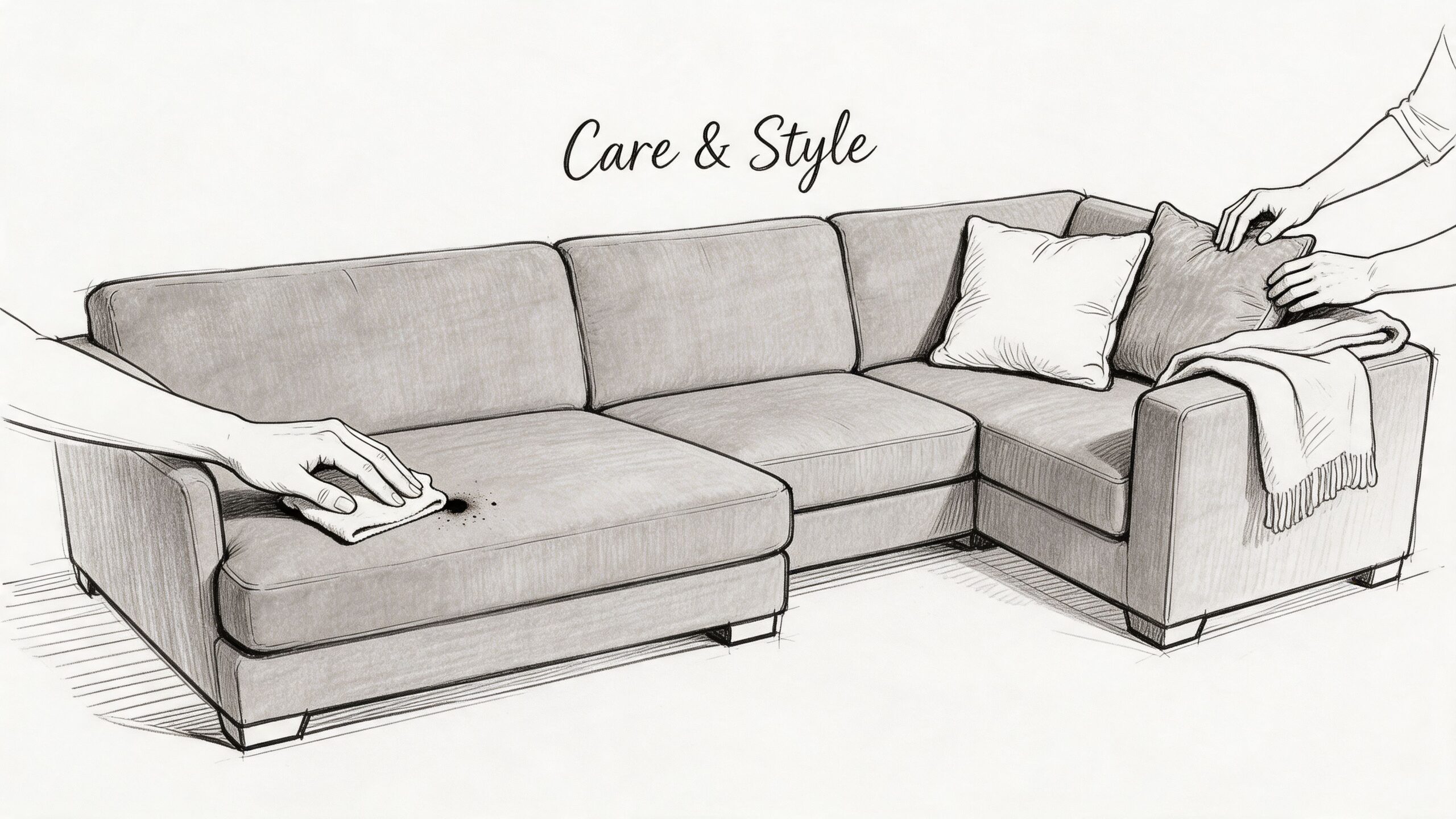 A hand cleaning a stain on an Ashley gray sectional sofa while another adjusts a cushion.