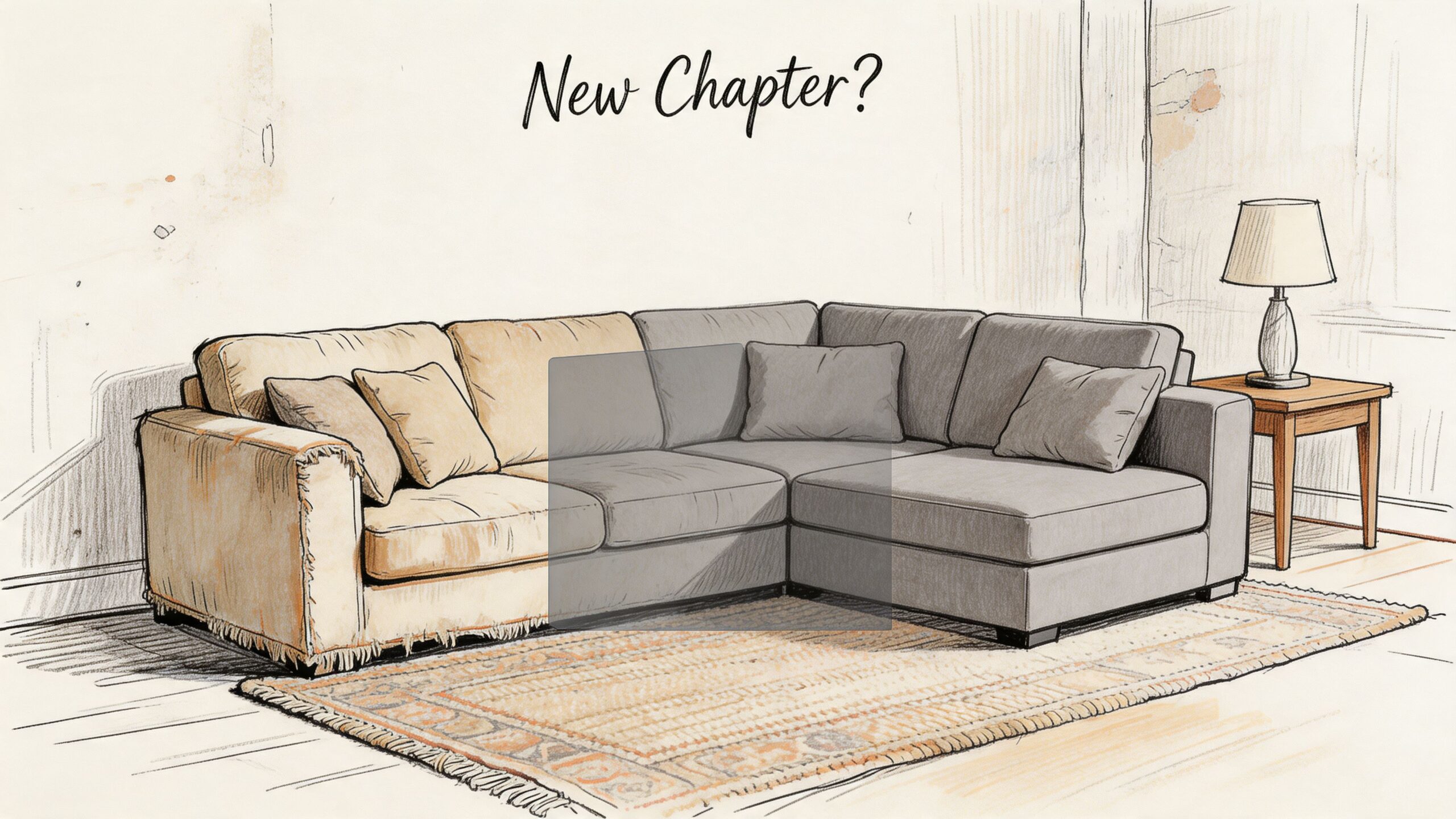 A line-art style illustration comparing an old beige sofa with a modern gray sectional.