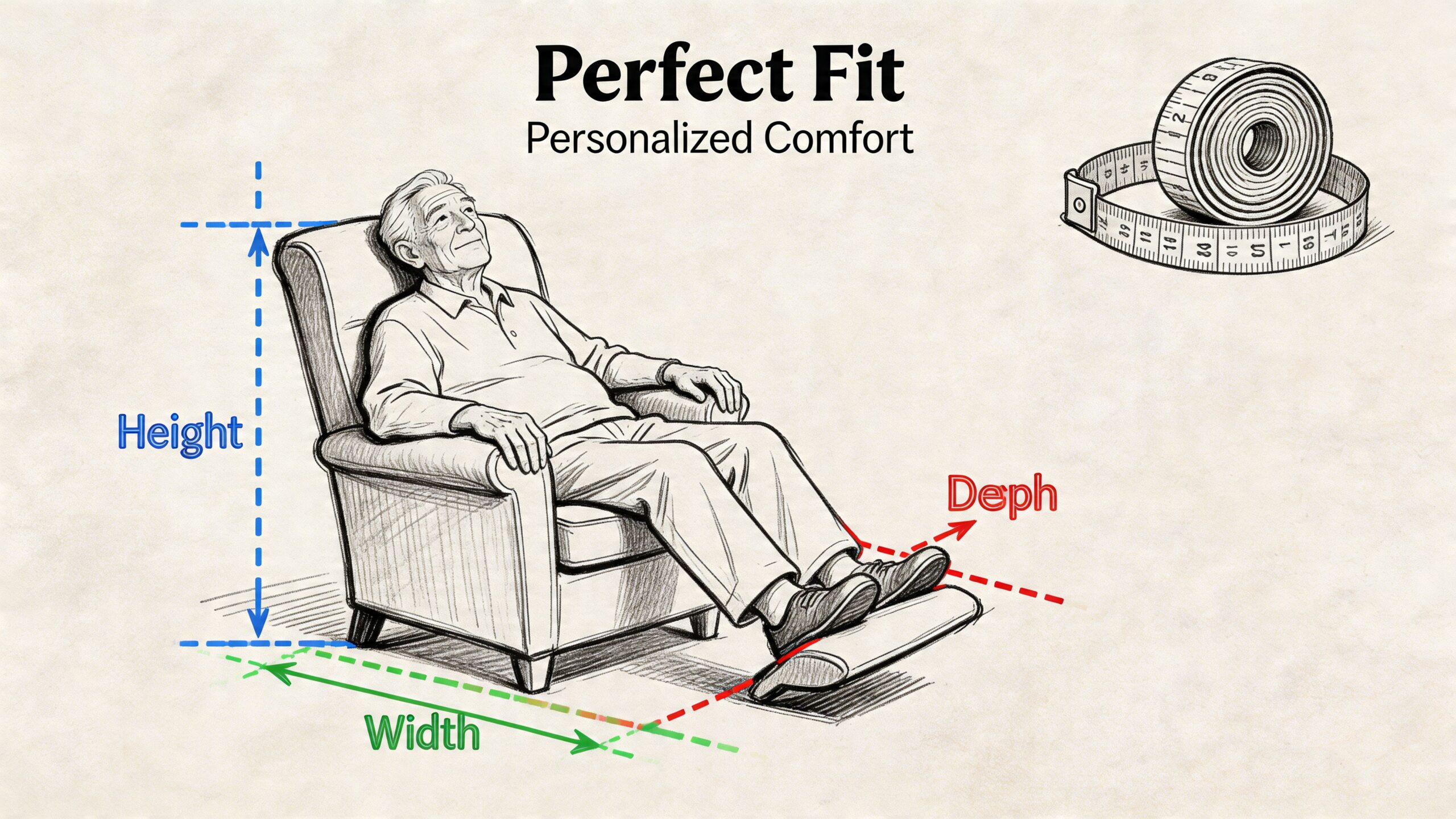A line drawing illustration showing a man sitting in a recliner with measurement labels for height, width, and depth.