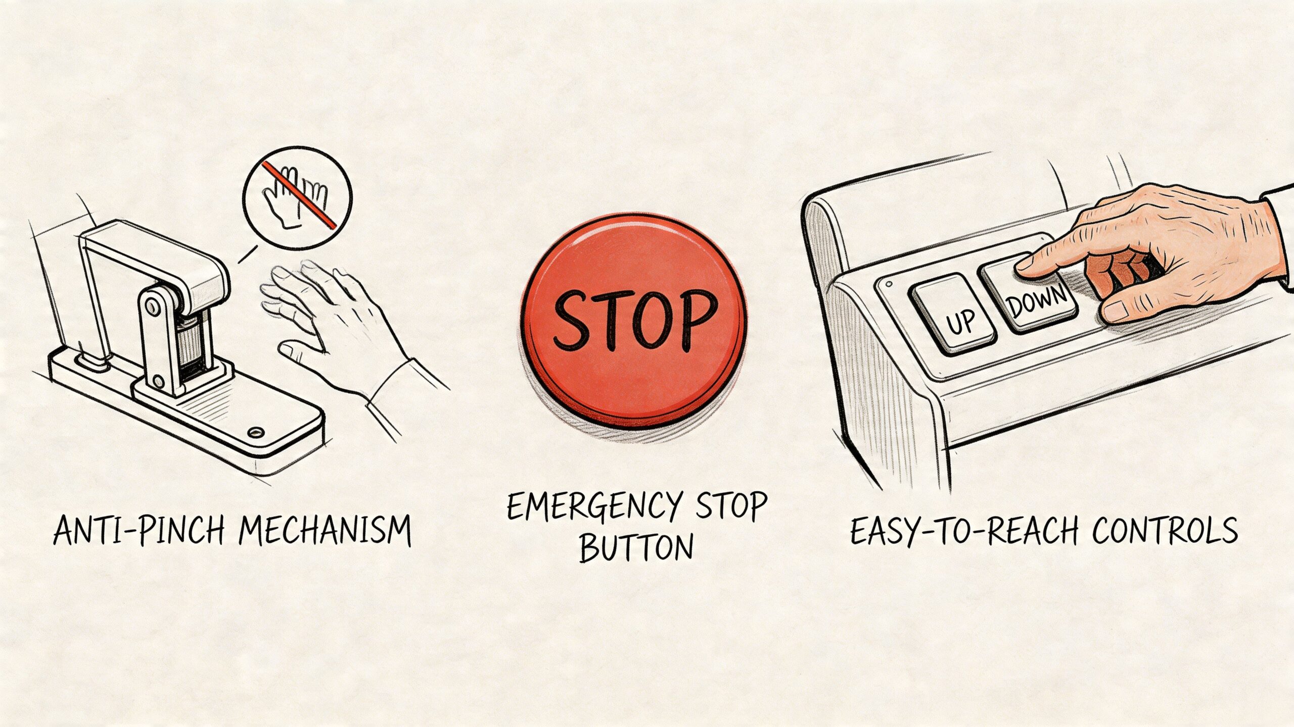 Safety features for power recliners including an anti-pinch mechanism, emergency stop button, and easy-to-reach hand controls.