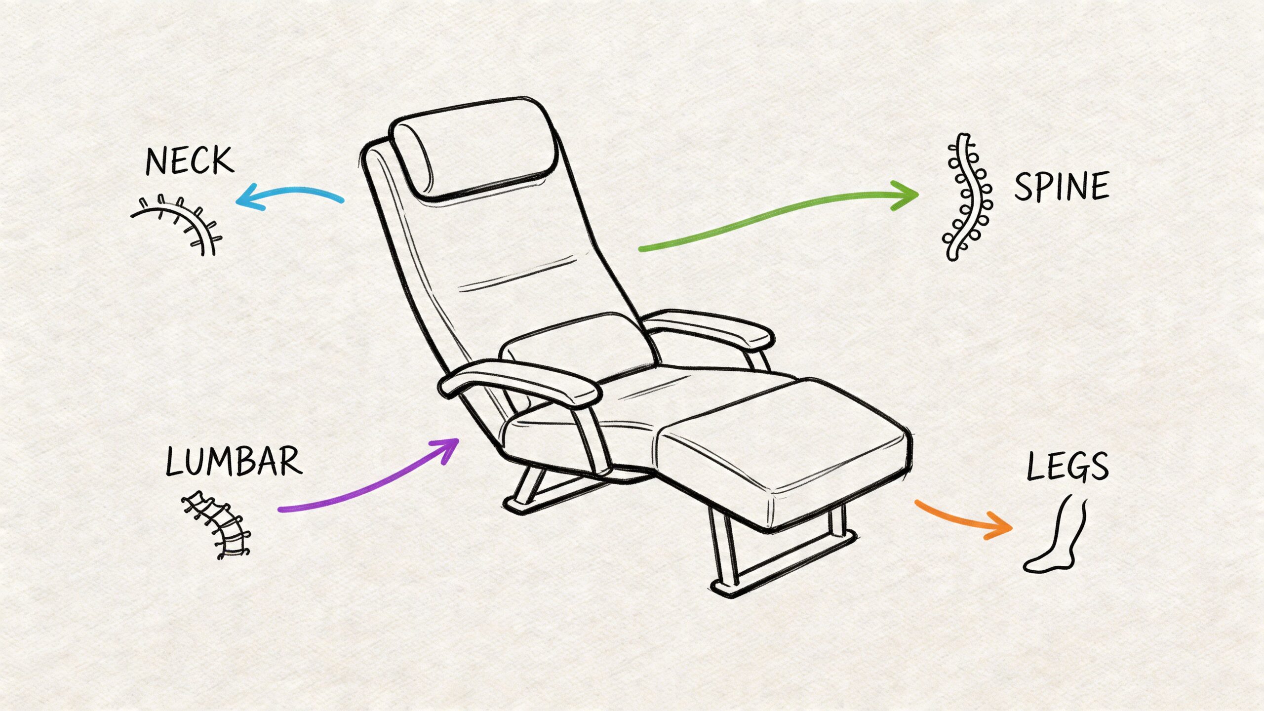 A diagram of an ergonomic recliner chair highlighting support for the neck, spine, lumbar, and legs.