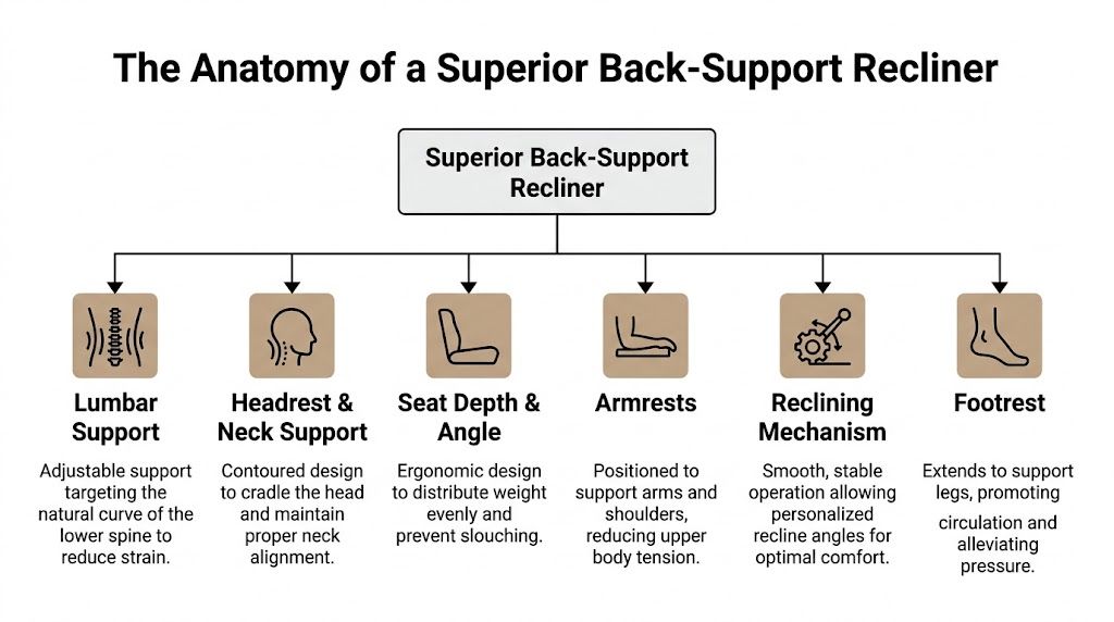 A diagram illustrating the six key ergonomic components of a superior back-support recliner for spinal comfort.