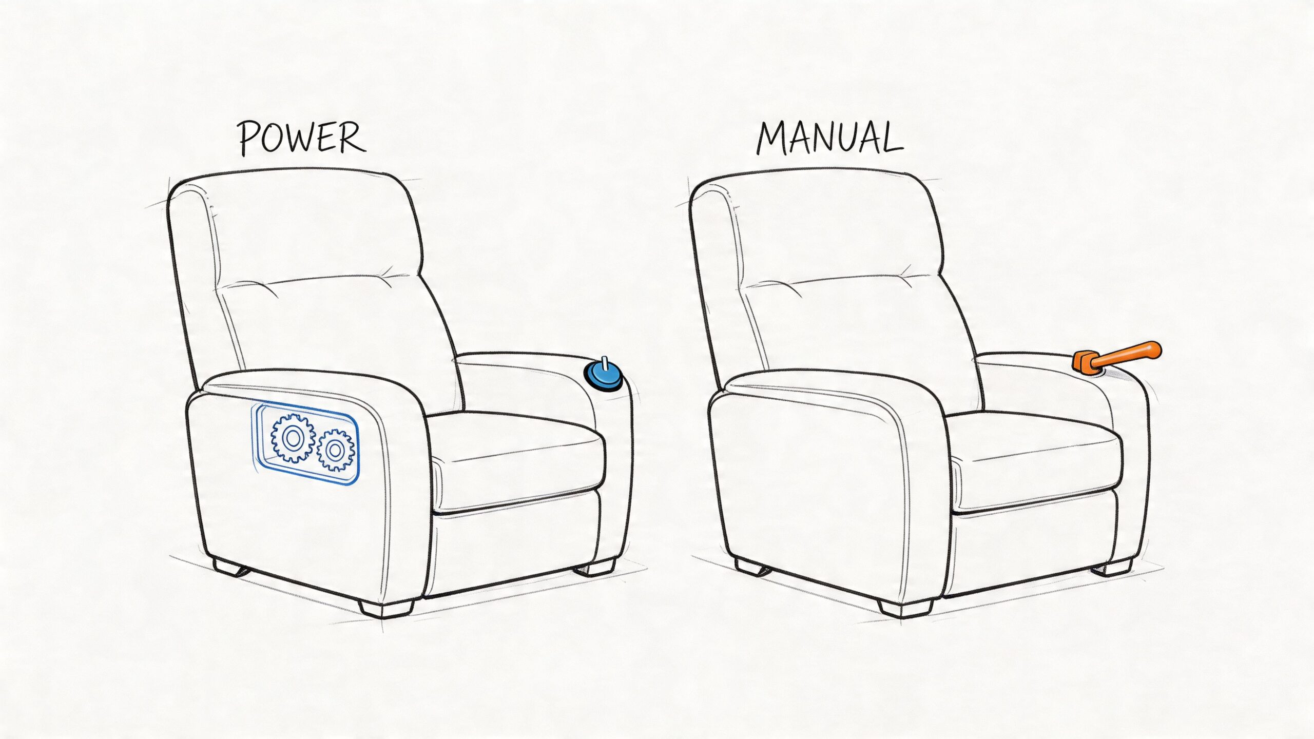 Line drawing illustration comparing a power recliner with button control and a manual recliner with lever.