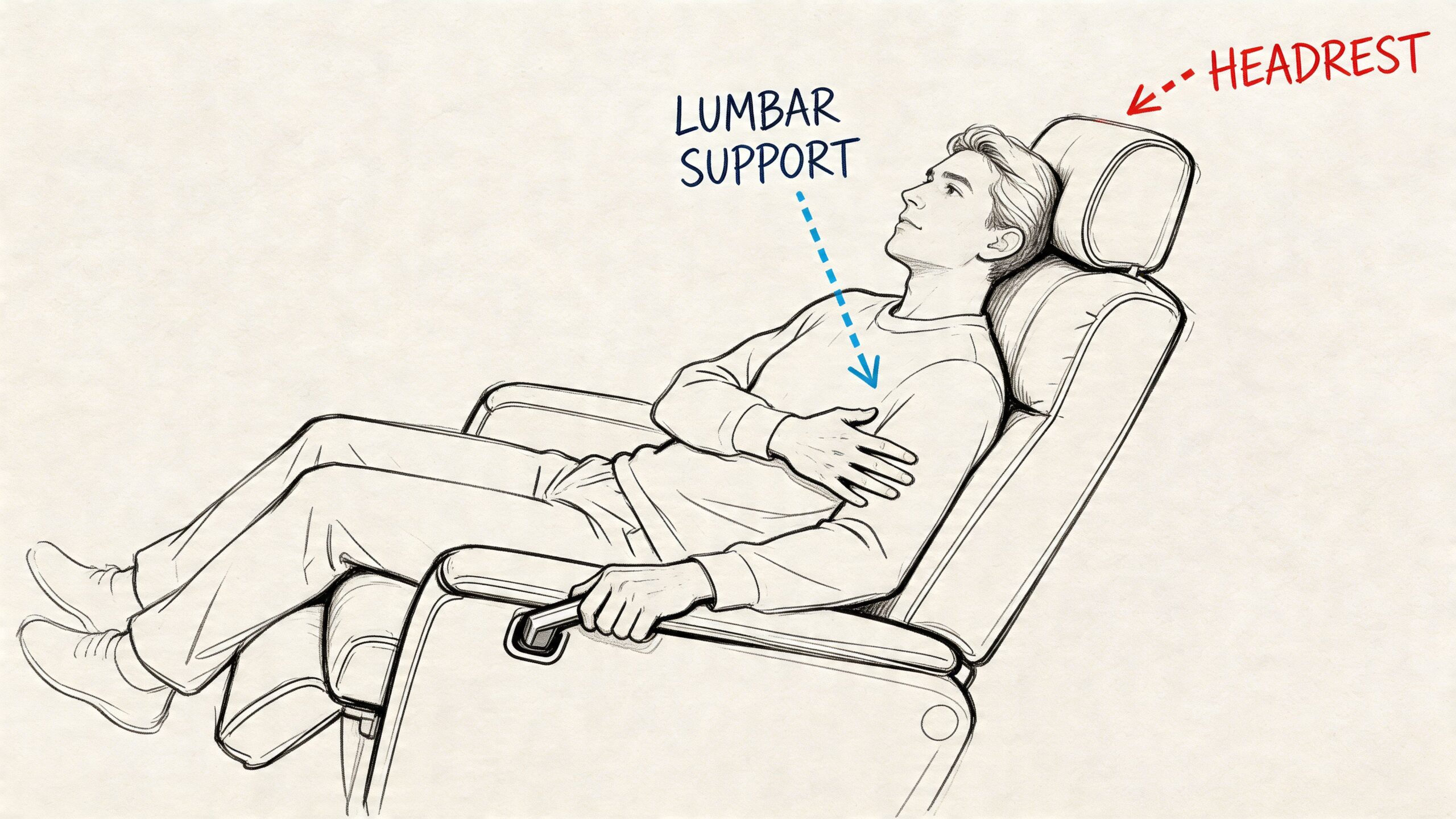 A line art drawing showing a man reclining in a comfortable chair featuring headrest and lumbar support.