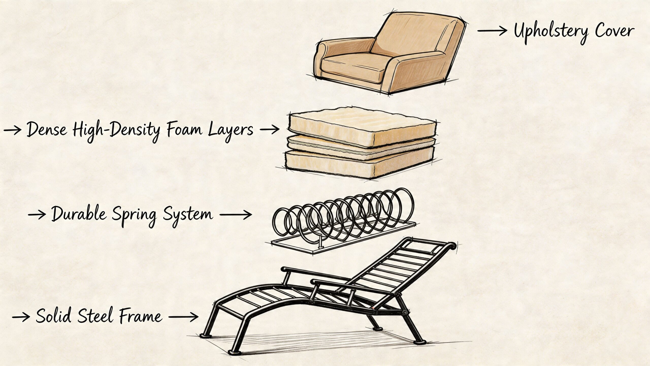 An exploded view diagram showing the component layers of a reclining chair including the frame, springs, foam, and upholstery.