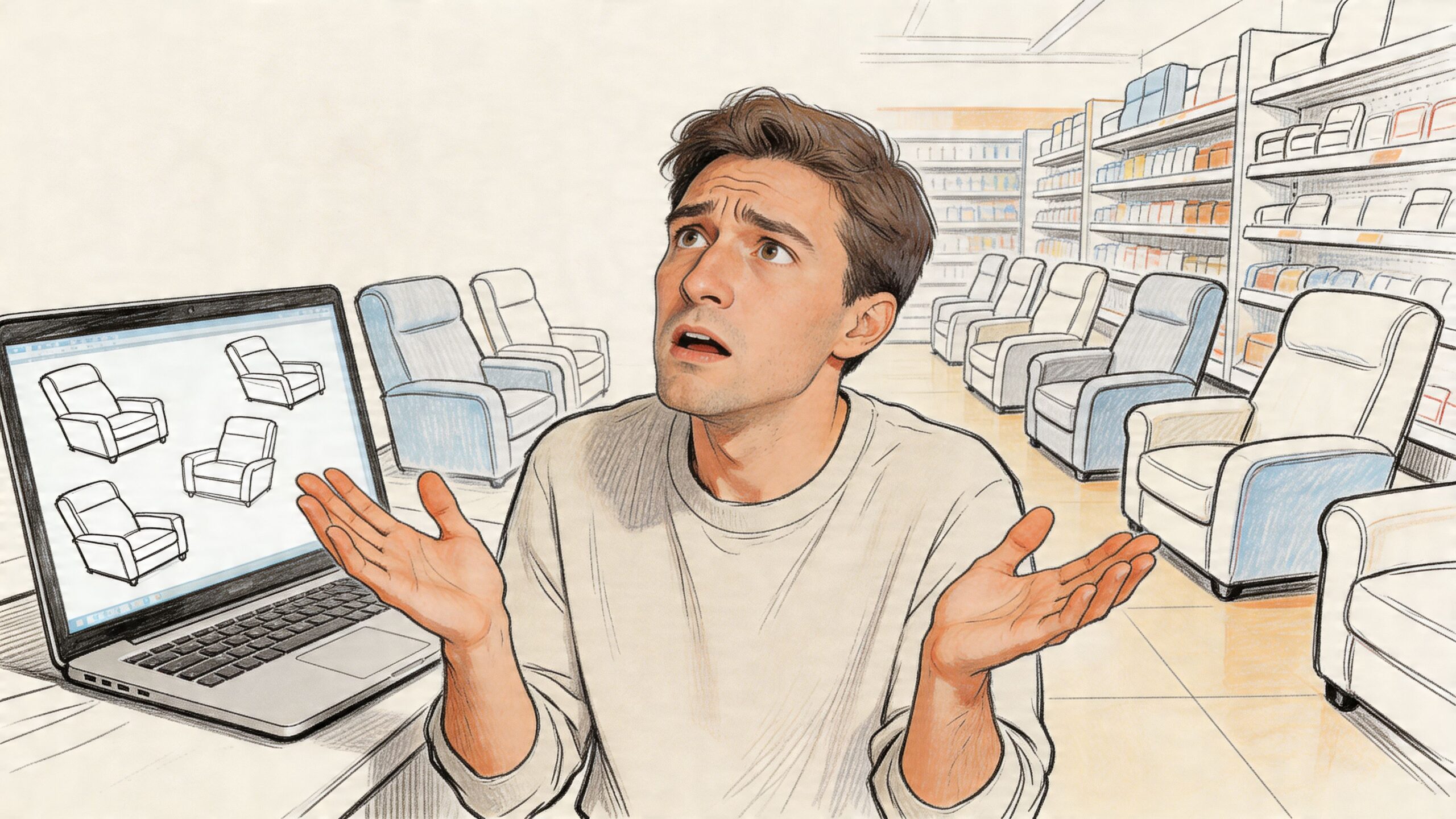 A confused man looking up while shopping for recliners on his laptop inside a furniture store.