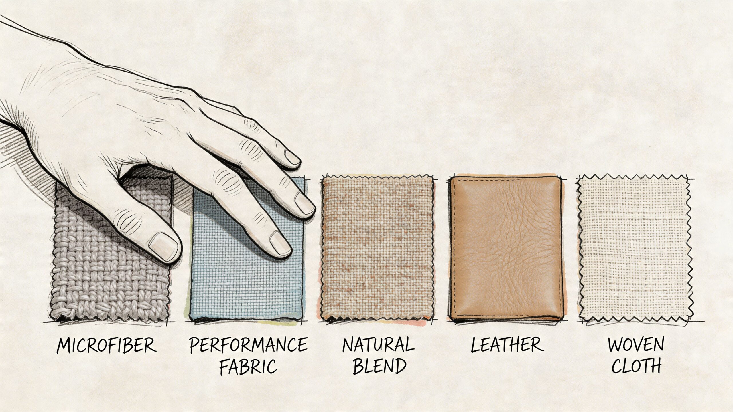 A hand touching different fabric samples including microfiber, performance fabric, natural blend, leather, and woven cloth.