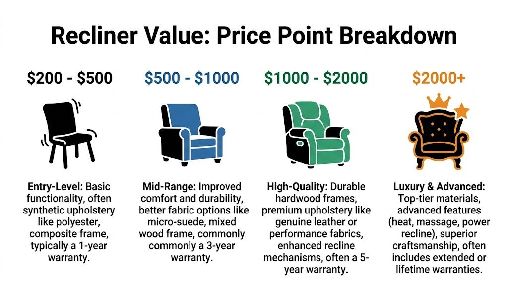 A chart breaking down recliner value based on price points from budget to luxury categories.